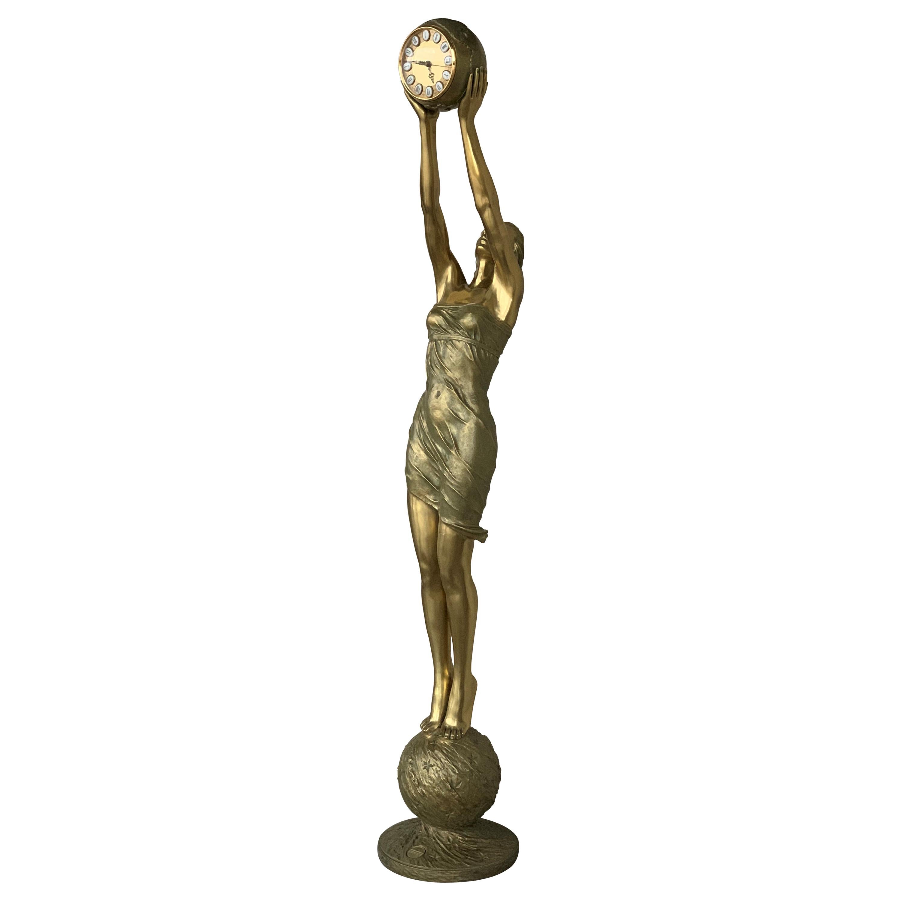 20th C. Vidal Grau ***77" Real Size Art Noveau Gilt Bronze WomanClock  Sculpture