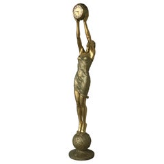 20. Jh. Vidal Grau ***77" Echte Größe Jugendstil Vergoldete Bronze FrauUhr Skulptur