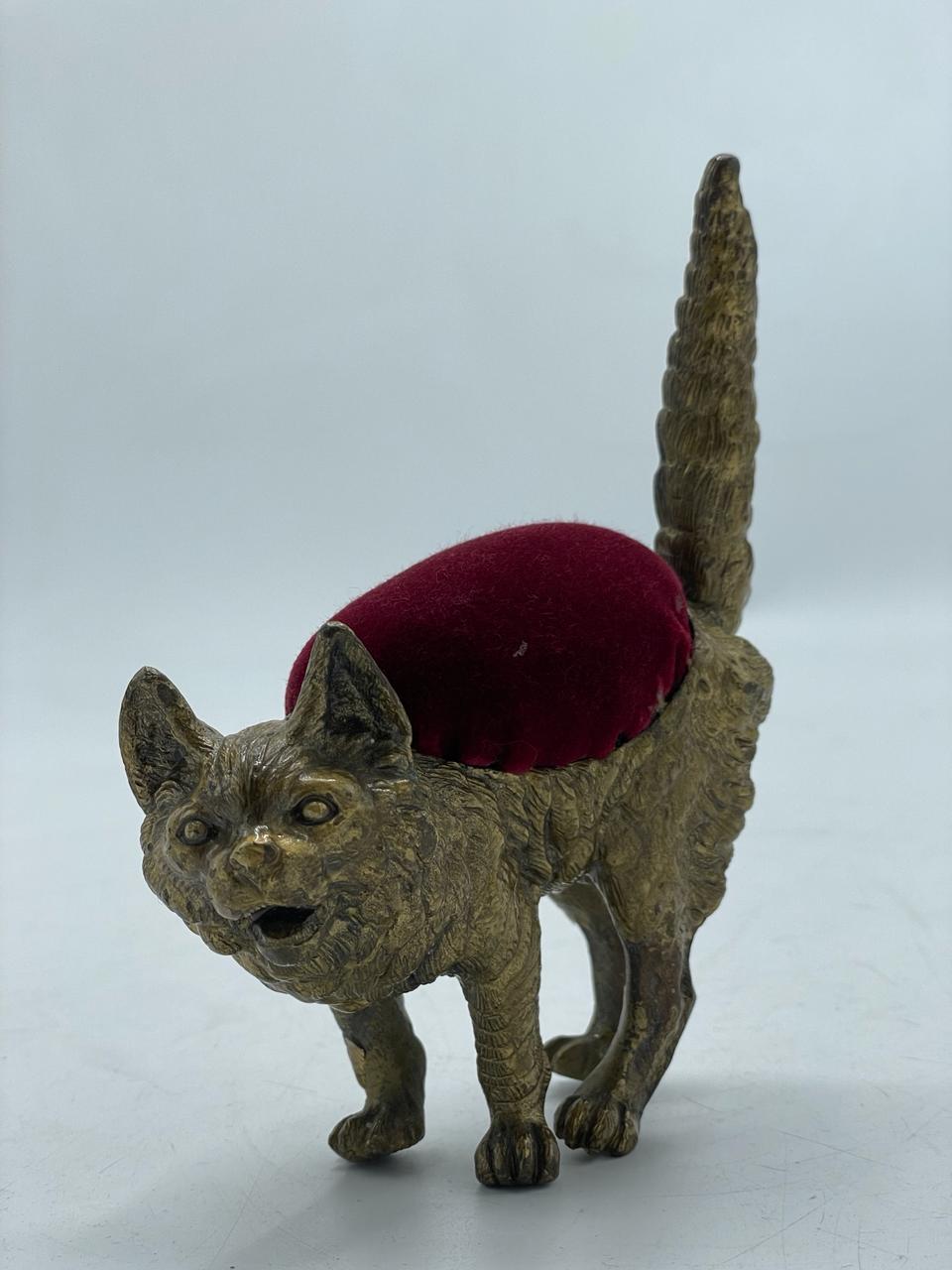 Mid-Century Modern 20th century Viennese bronze cat pincushion For Sale