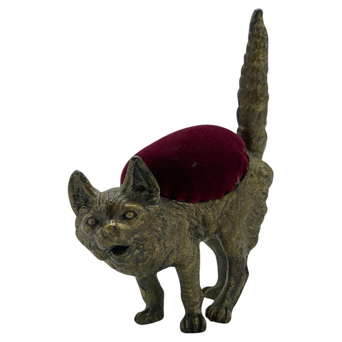 20th century Viennese bronze cat pincushion For Sale