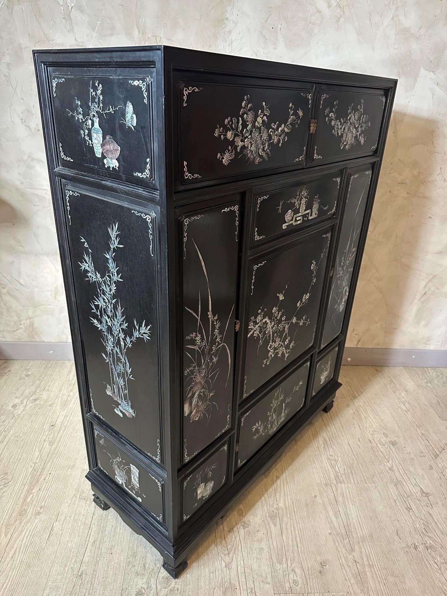 Mid-20th Century 20th century Vietnamese Mother-of-pearl and Laquered Wood Cupboard, 1950s For Sale