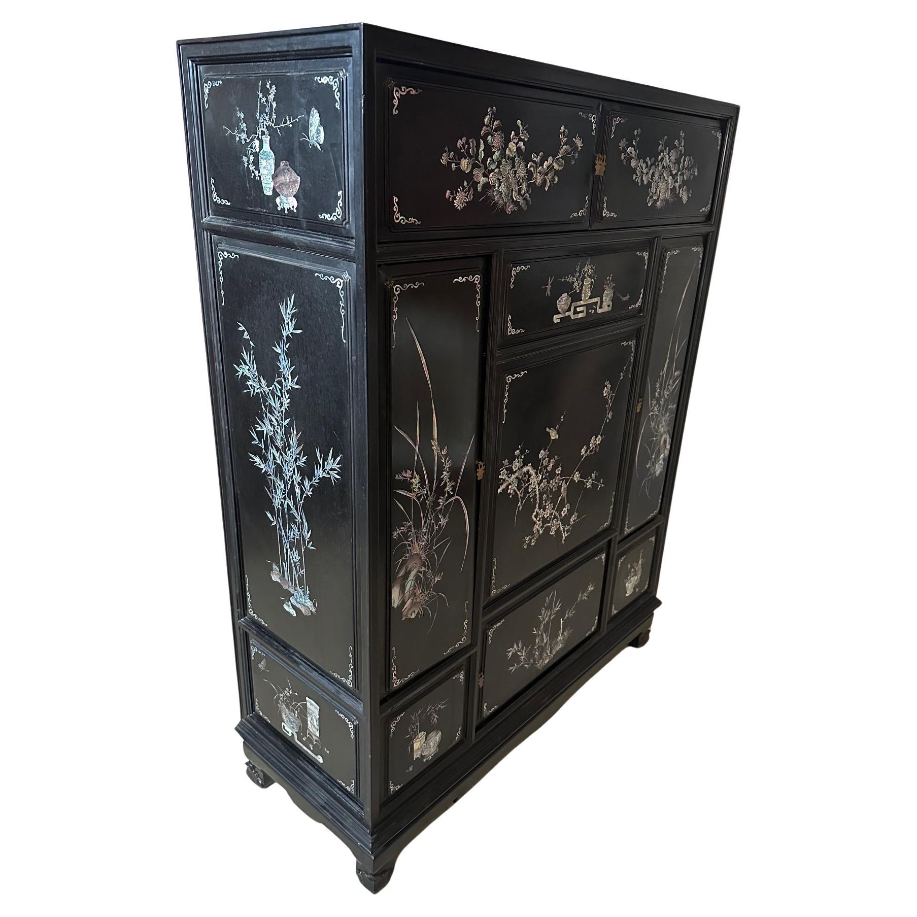 20th century Vietnamese Mother-of-pearl and Laquered Wood Cupboard, 1950s For Sale