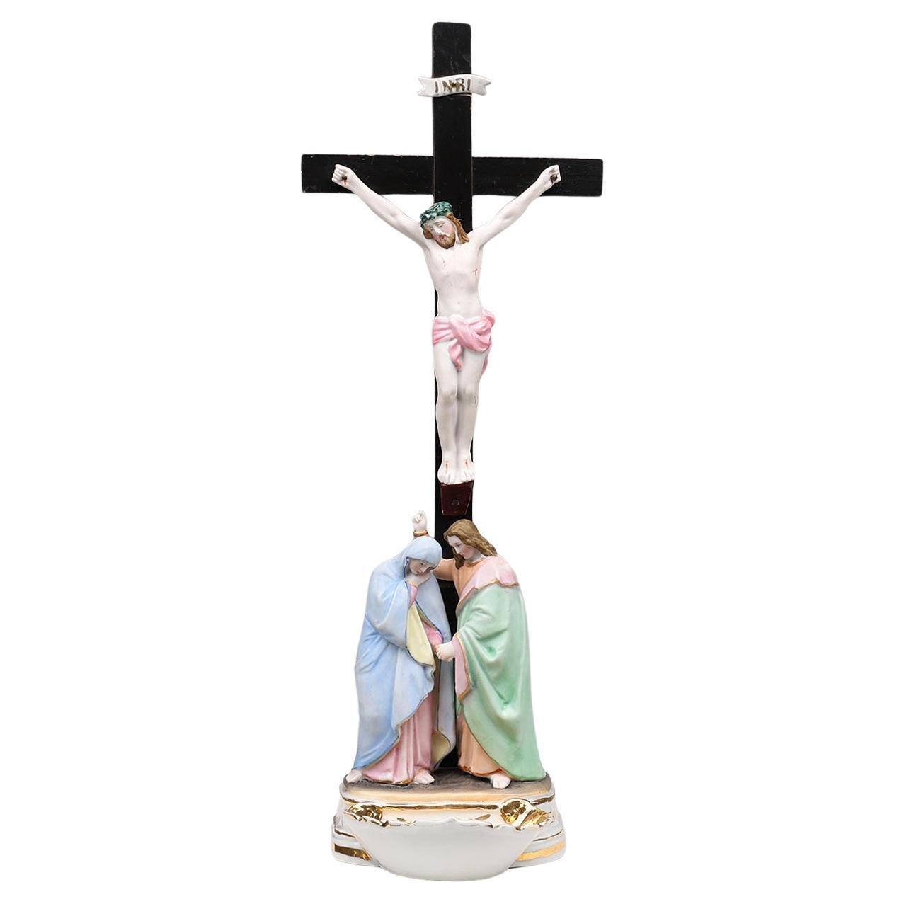 20th century Vieux Andenne Belgium Holy water font in porcelain with crucifix