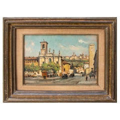 20th Century View of Bergamo's Via Locatelli Painting Oil on Small Panel