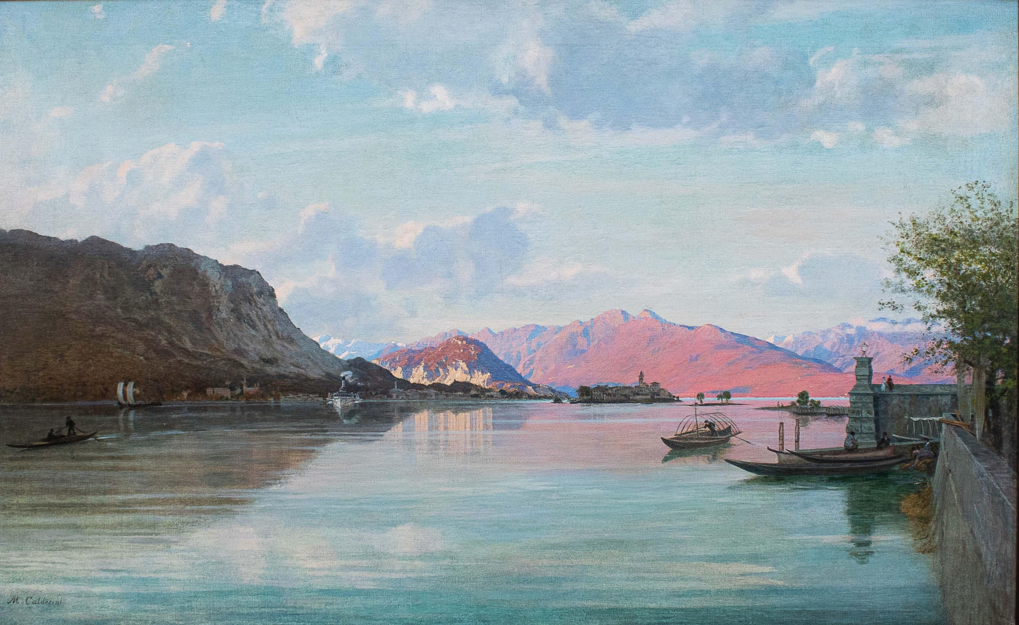 Marco Calderini (Turin, 1850 - 1941)
Lake Maggiore with the Isola dei Pescatori
Oil on canvas, 88 x 141 cm - frame 118 x 169 x 9 cm
Signed lower left

One of the main exponents of Piedmontese landscape art of the nineteenth century, a man of