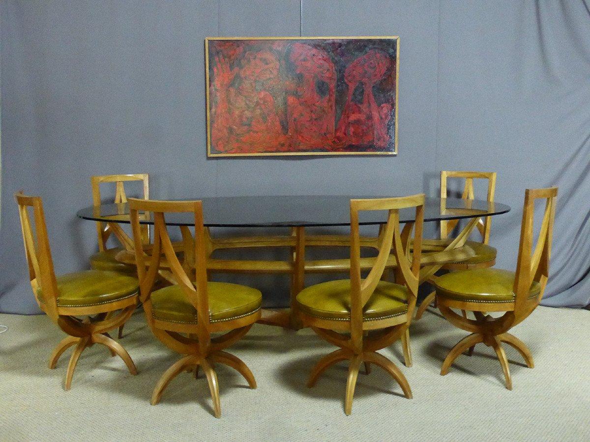 Esszimmertisch von Vincent Gonzalez aus dem 20. Jahrhundert mit sechs Stühlen, 1960er Jahre im Zustand „Gut“ im Angebot in LEGNY, FR