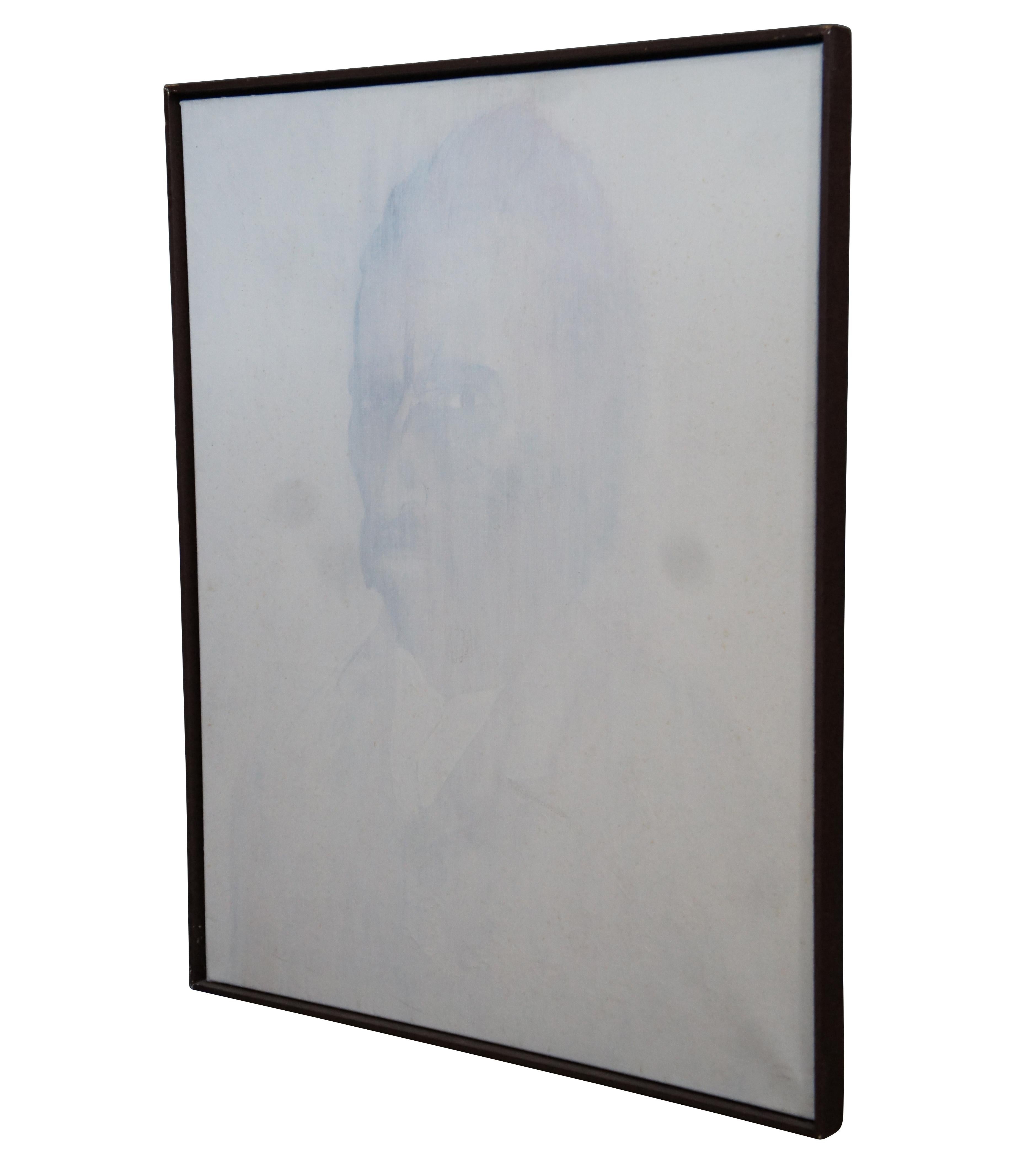 A unique modern portrait painting on burlap of Vincent van Gogh, with a white wash finish / overlay. Signed and dated by artist on verso.

Measures: 32.5” x 1.75” x 40.5” / Sans Frame - 31.5” x 39.5” (width x depth x height).