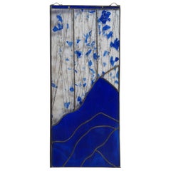 20th Century Vintage Abstract Stained Glass Landscape Panel Blue Mountain