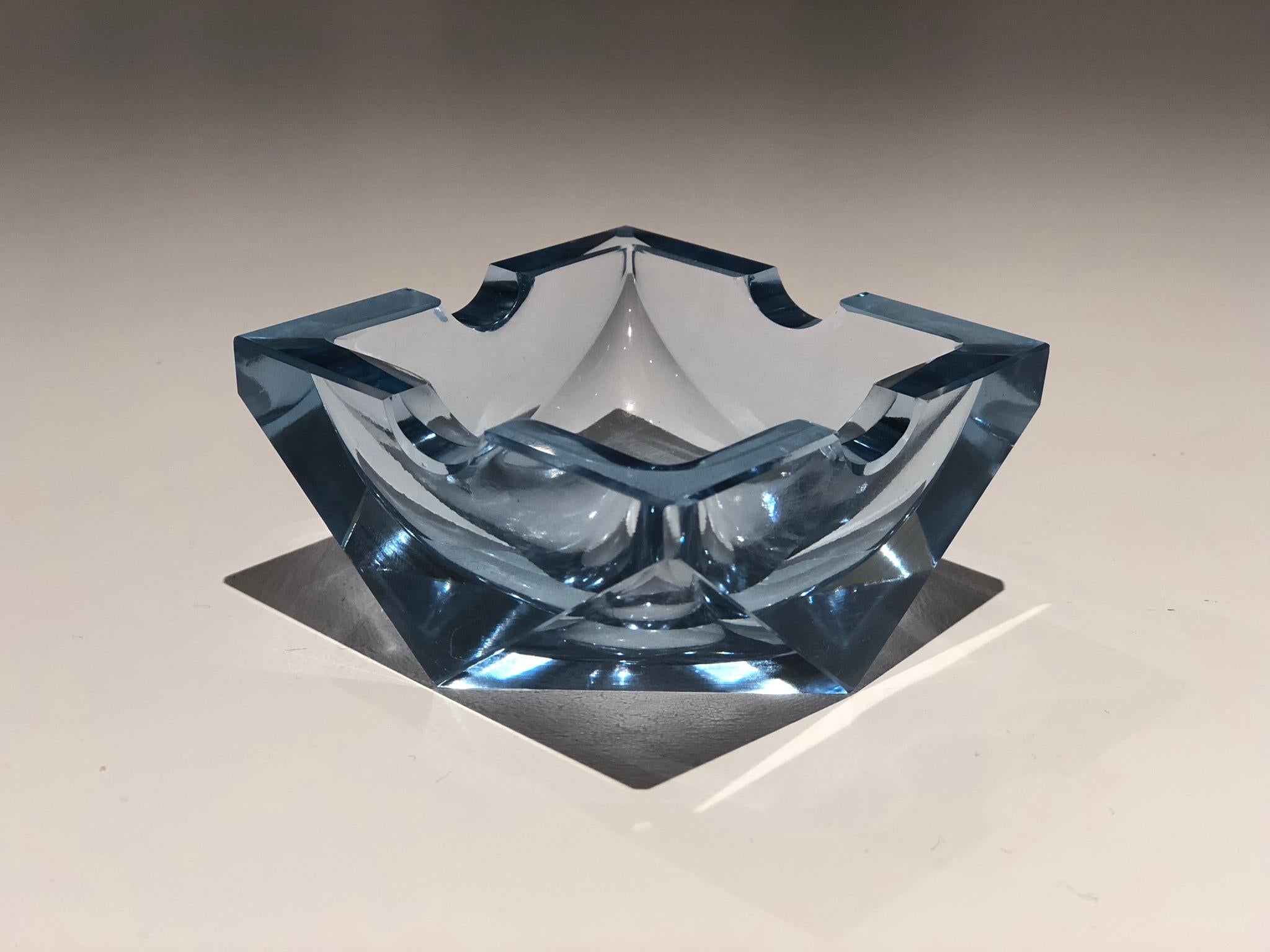 20th century vintage ashtray or decorative piece in beautiful light blue coloured faceted glass typical of 1930-1940 Art Deco period. 
Attributed to Czech glassmaker Heinrich Hoffmann. 

Great condition considering age. 

We are an exhibition space