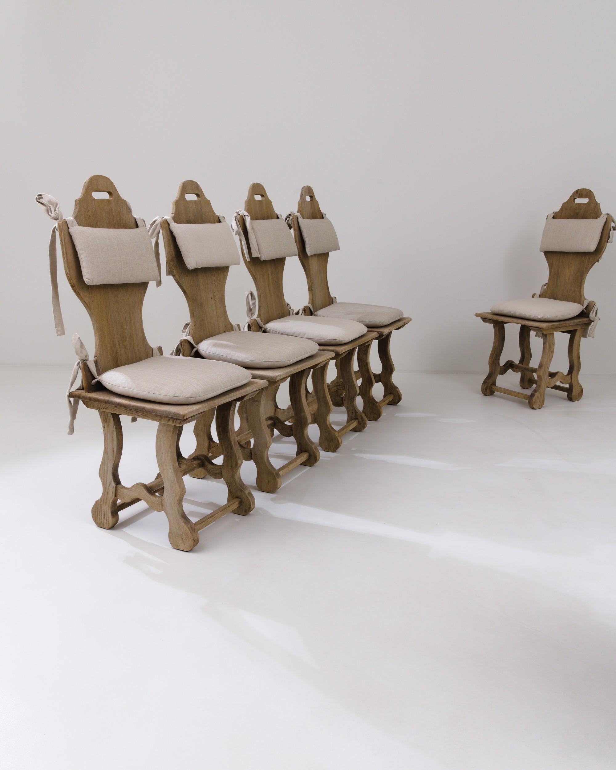 Bleached 20th Century Vintage Belgian Oak Dining Chairs, Set of Six For Sale