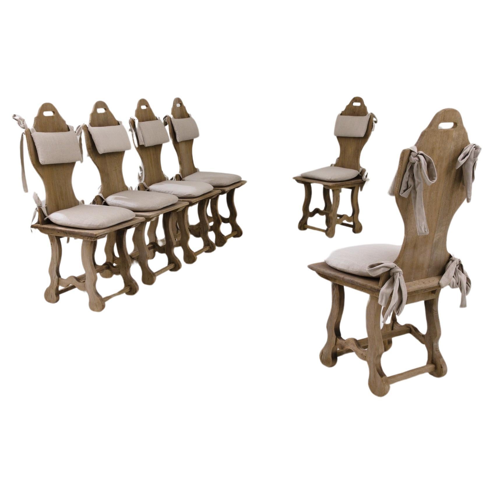 20th Century Vintage Belgian Oak Dining Chairs, Set of Six