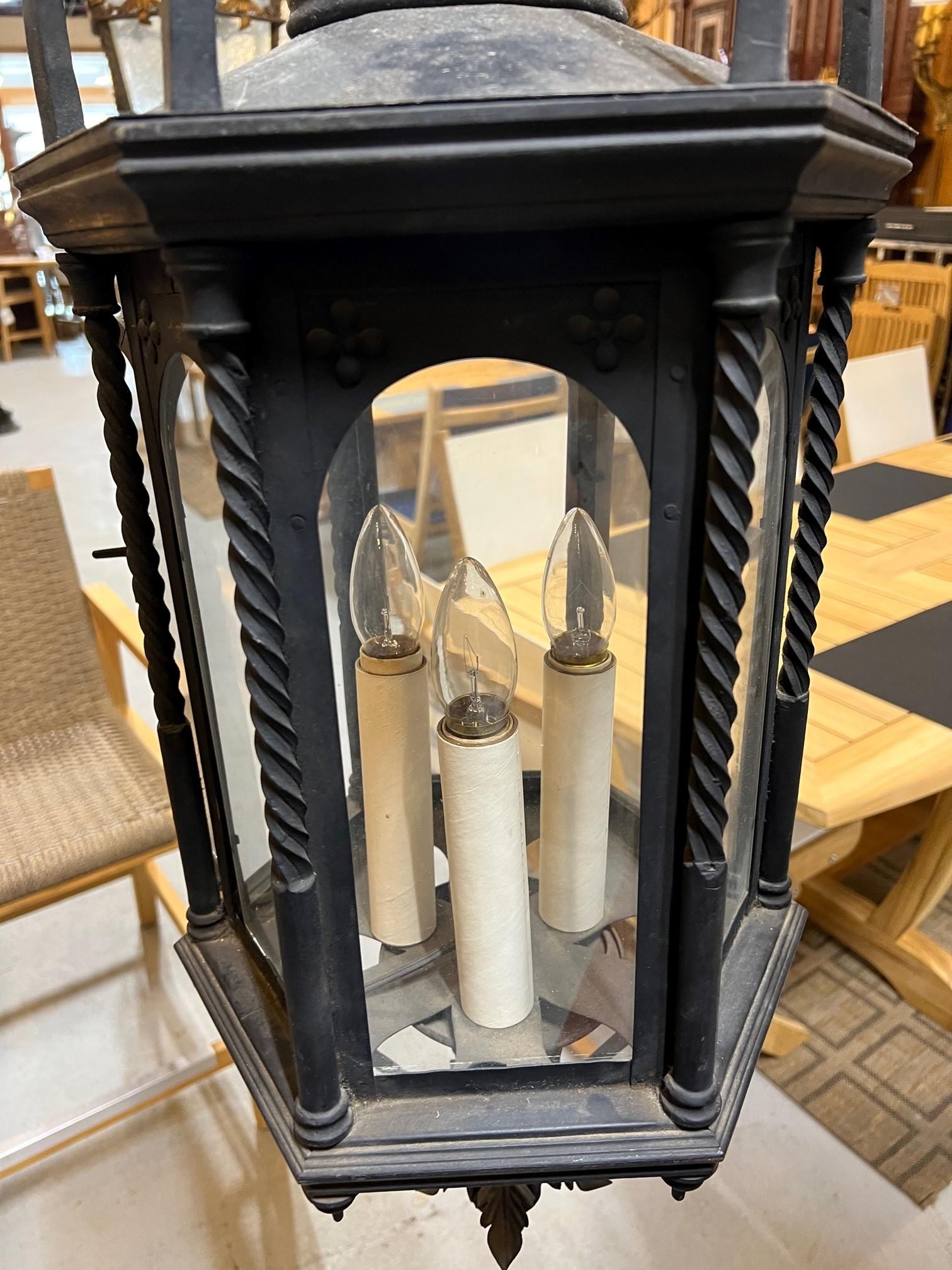 American 20th Century Vintage Black Iron Lantern Chandelier Arched Glass Panels 3 Light  