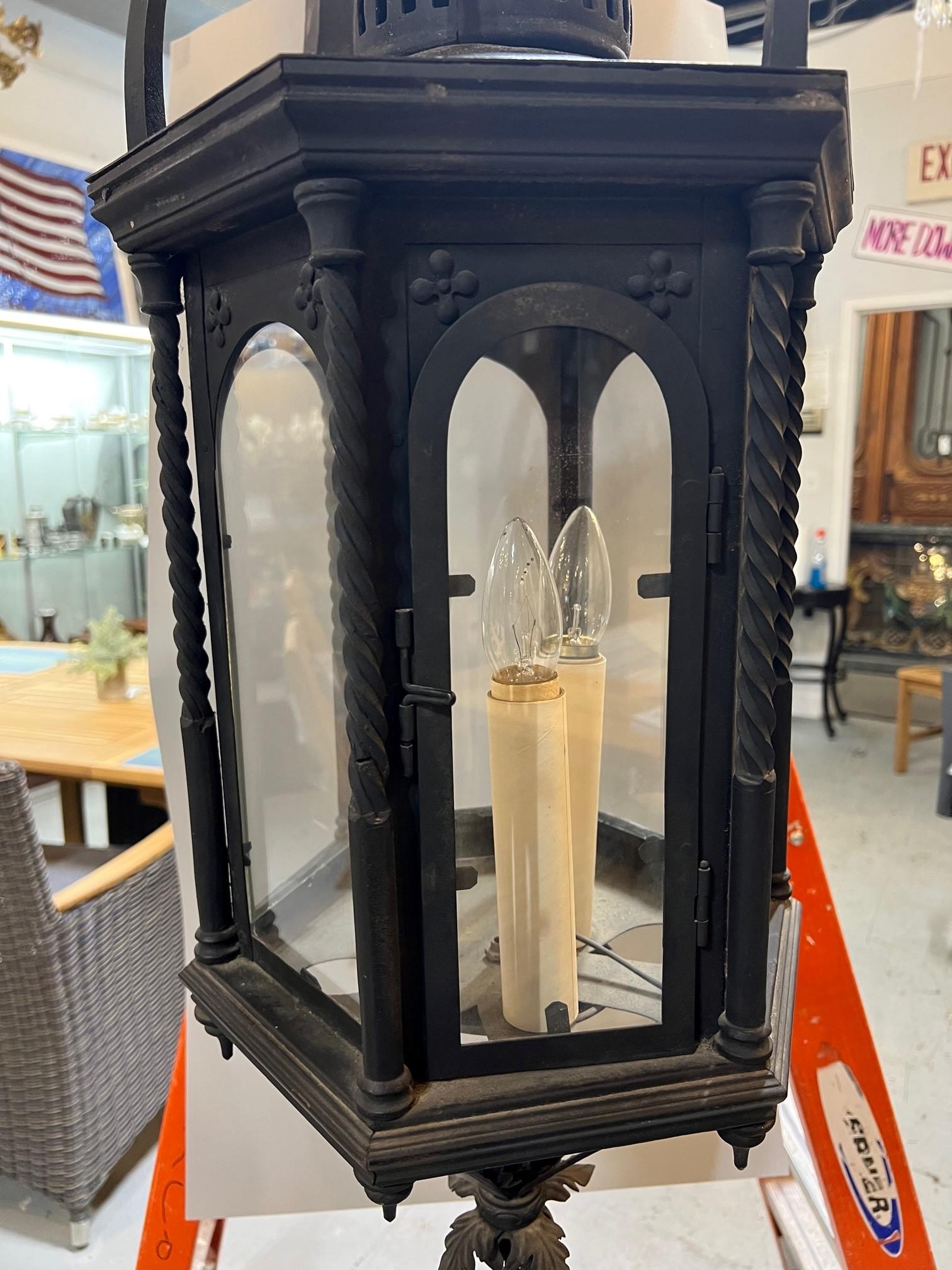 20th Century Vintage Black Iron Lantern Chandelier Arched Glass Panels 3 Light   In Good Condition In Stamford, CT