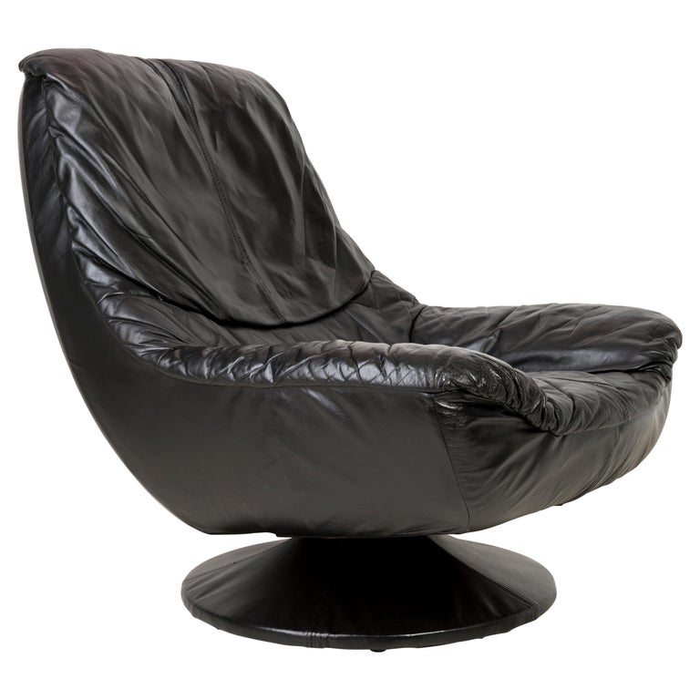 20th Century Vintage Black Soft Leather, Small Leather Swivel Chairs