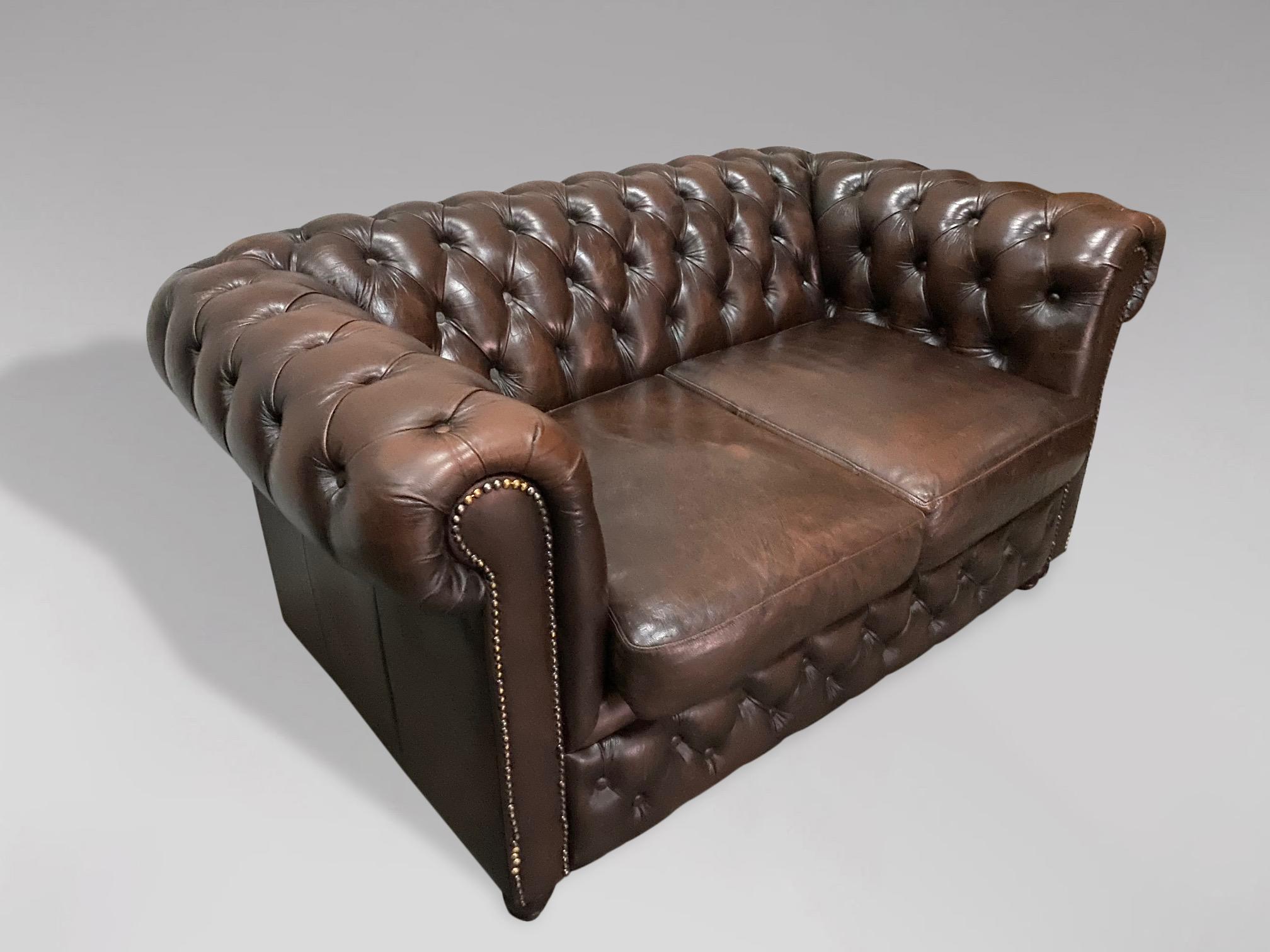 British 20th Century Vintage Brown Leather 2 Seater Chesterfield Sofa