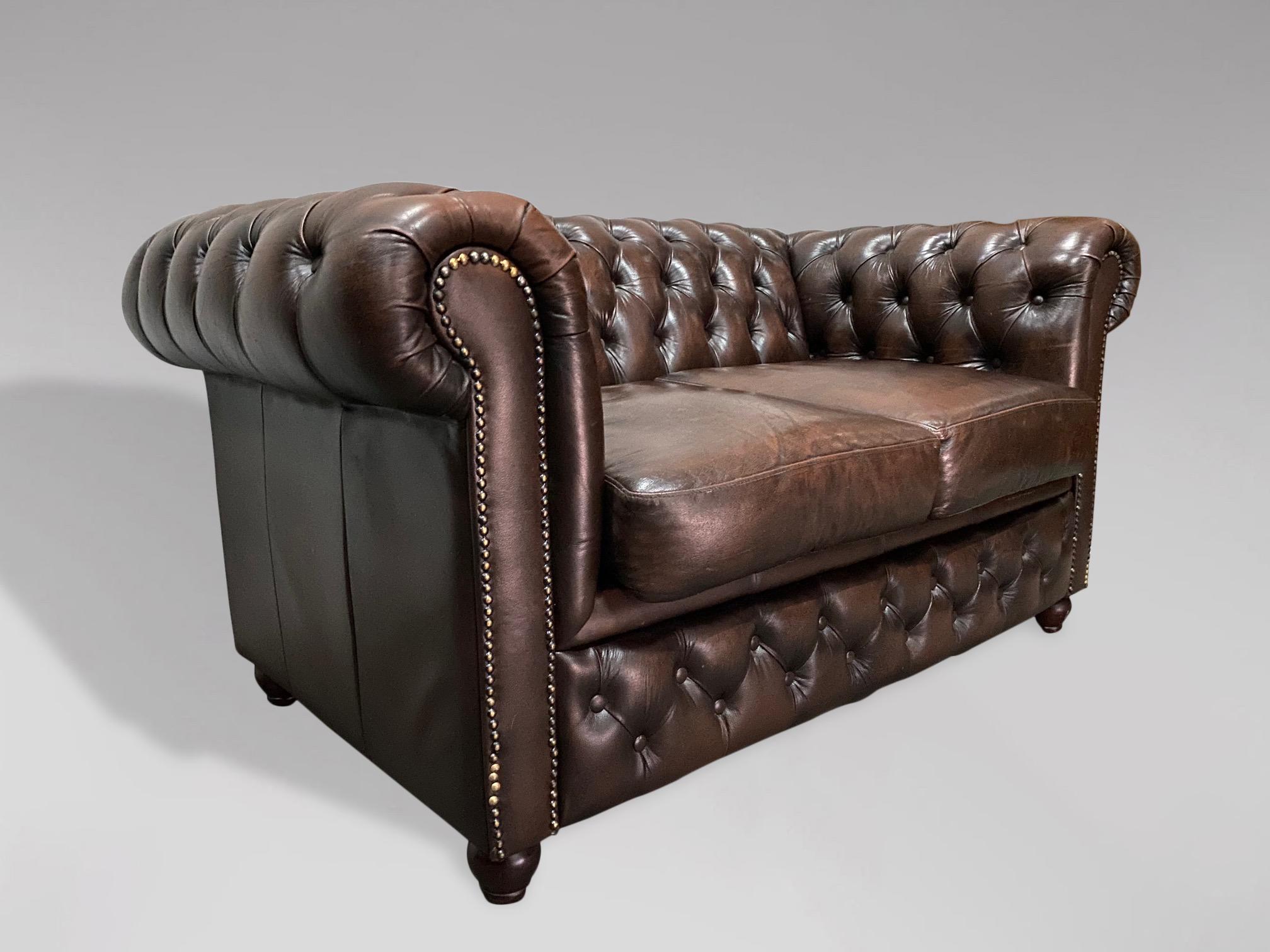Hand-Crafted 20th Century Vintage Brown Leather 2 Seater Chesterfield Sofa