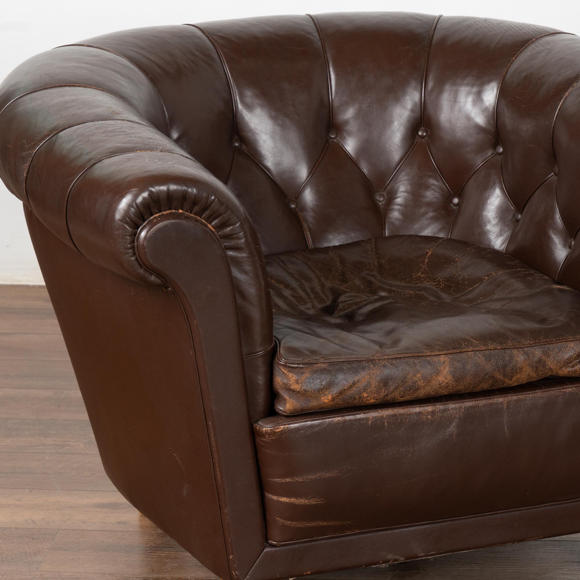 20th Century Vintage Brown Leather Club Chairs, Denmark In Fair Condition For Sale In Round Top, TX