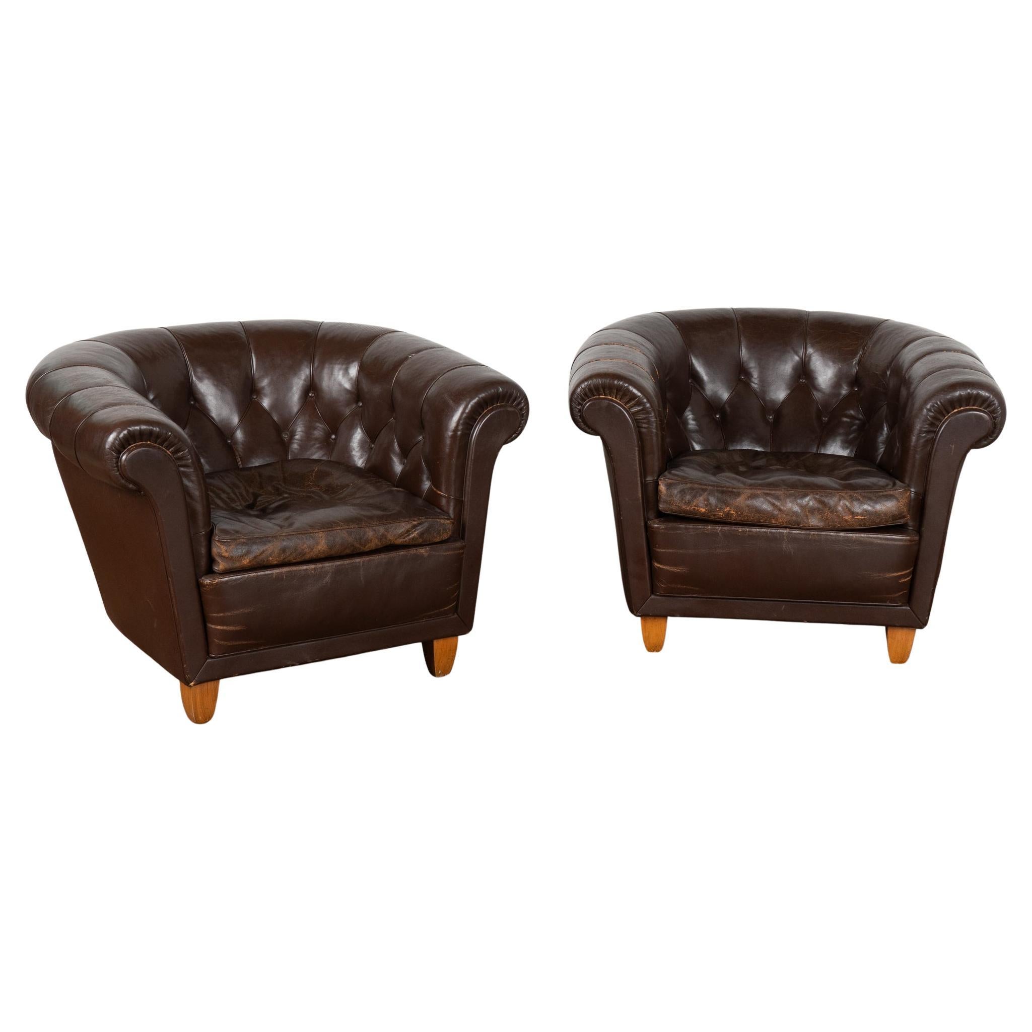 20th Century Vintage Brown Leather Club Chairs, Denmark