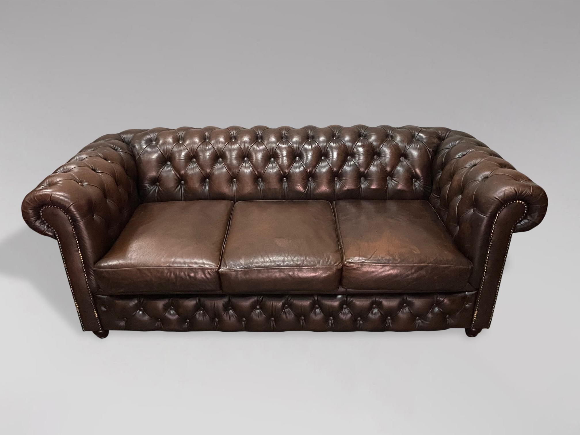 British 20th Century Vintage Brown Leather Three Seater Chesterfield Sofa