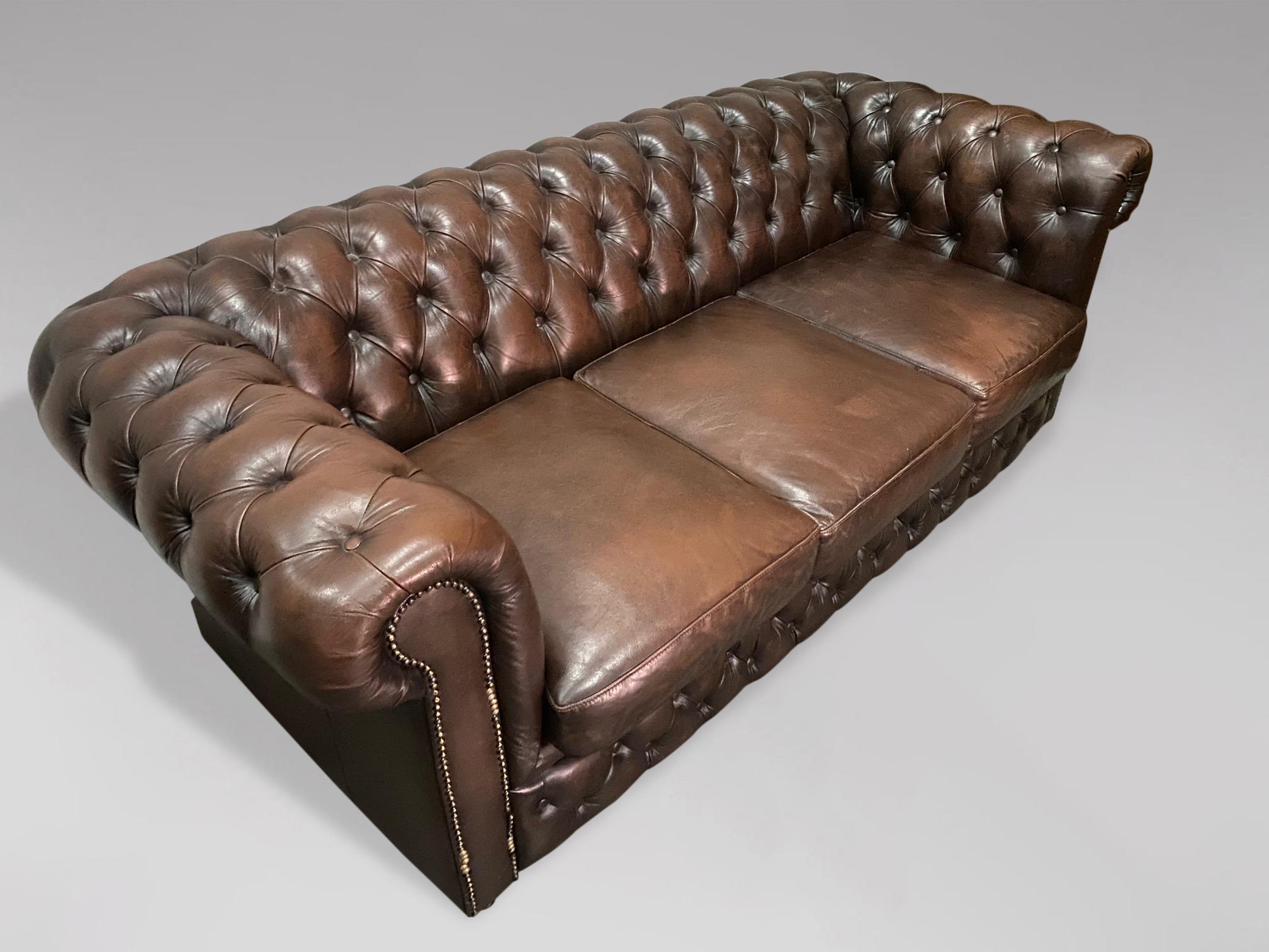 Hand-Crafted 20th Century Vintage Brown Leather Three Seater Chesterfield Sofa