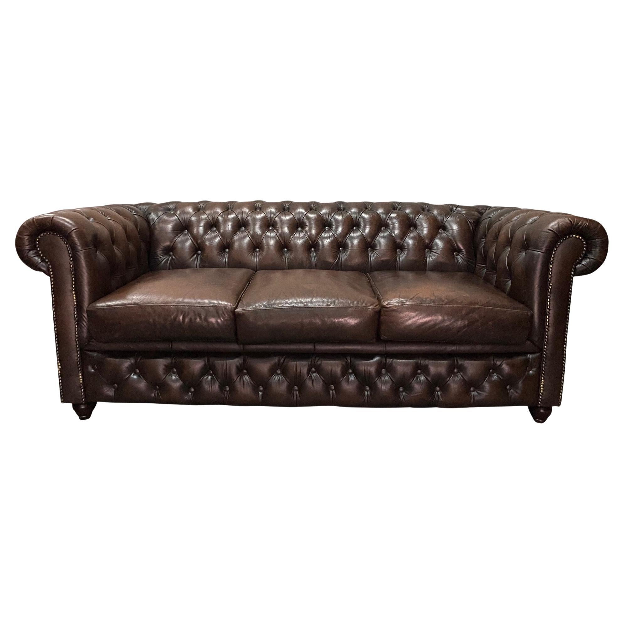 20th Century Vintage Brown Leather Three Seater Chesterfield Sofa