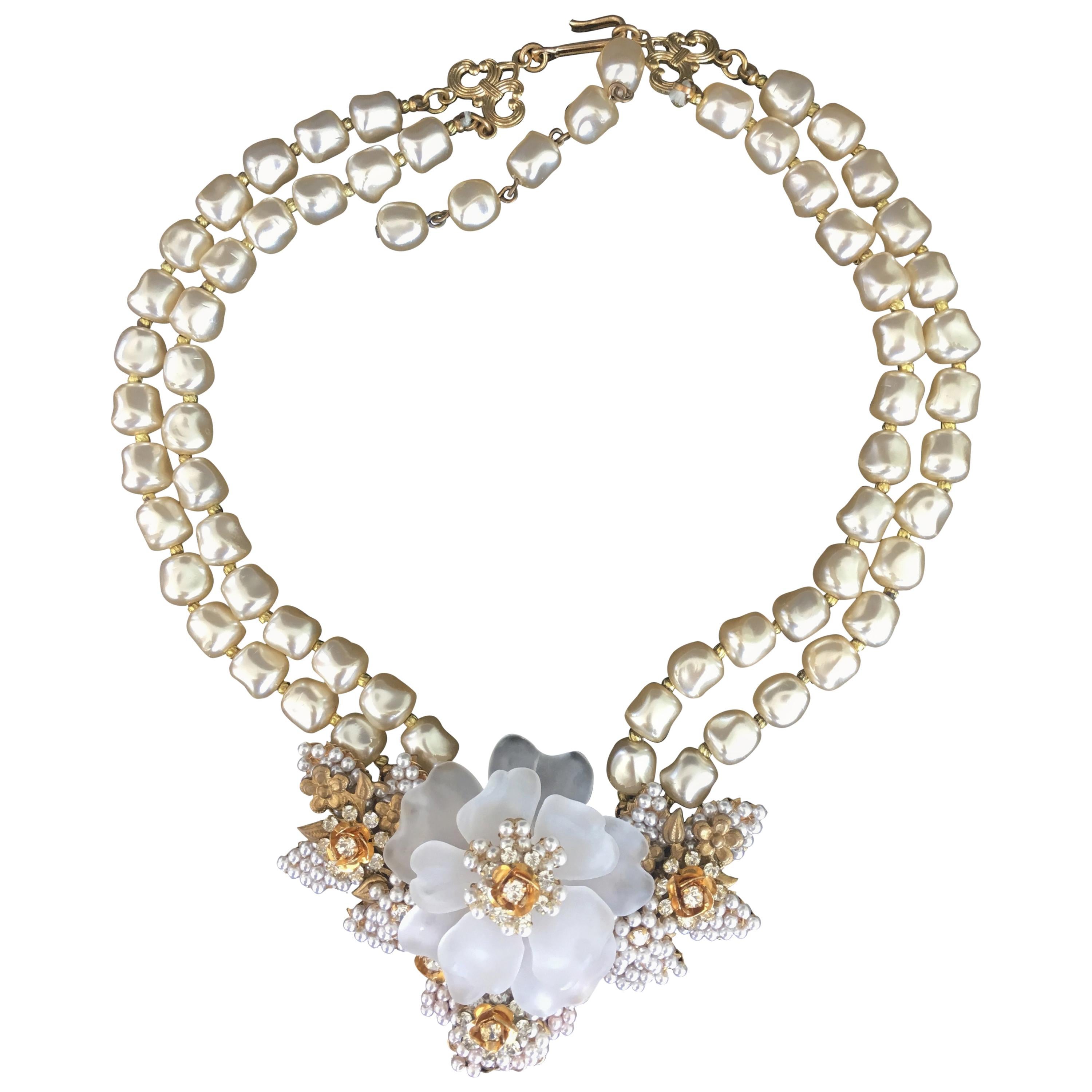 20th Century Vintage Camellia and Pearl Costume Necklace, Probably Hagler