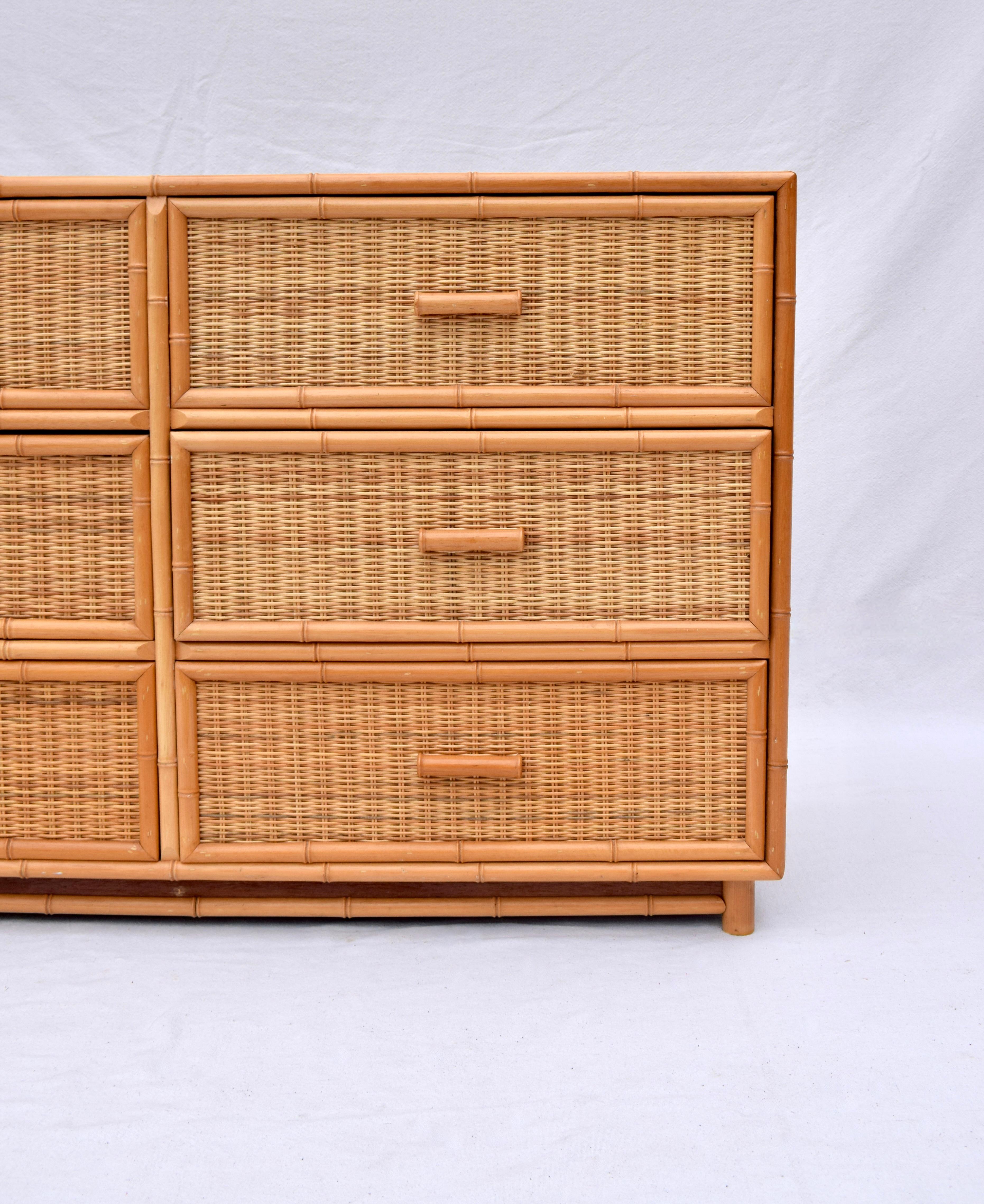 Organic Modern 20th Century Vintage Coastal Woven Rattan Dresser For Sale