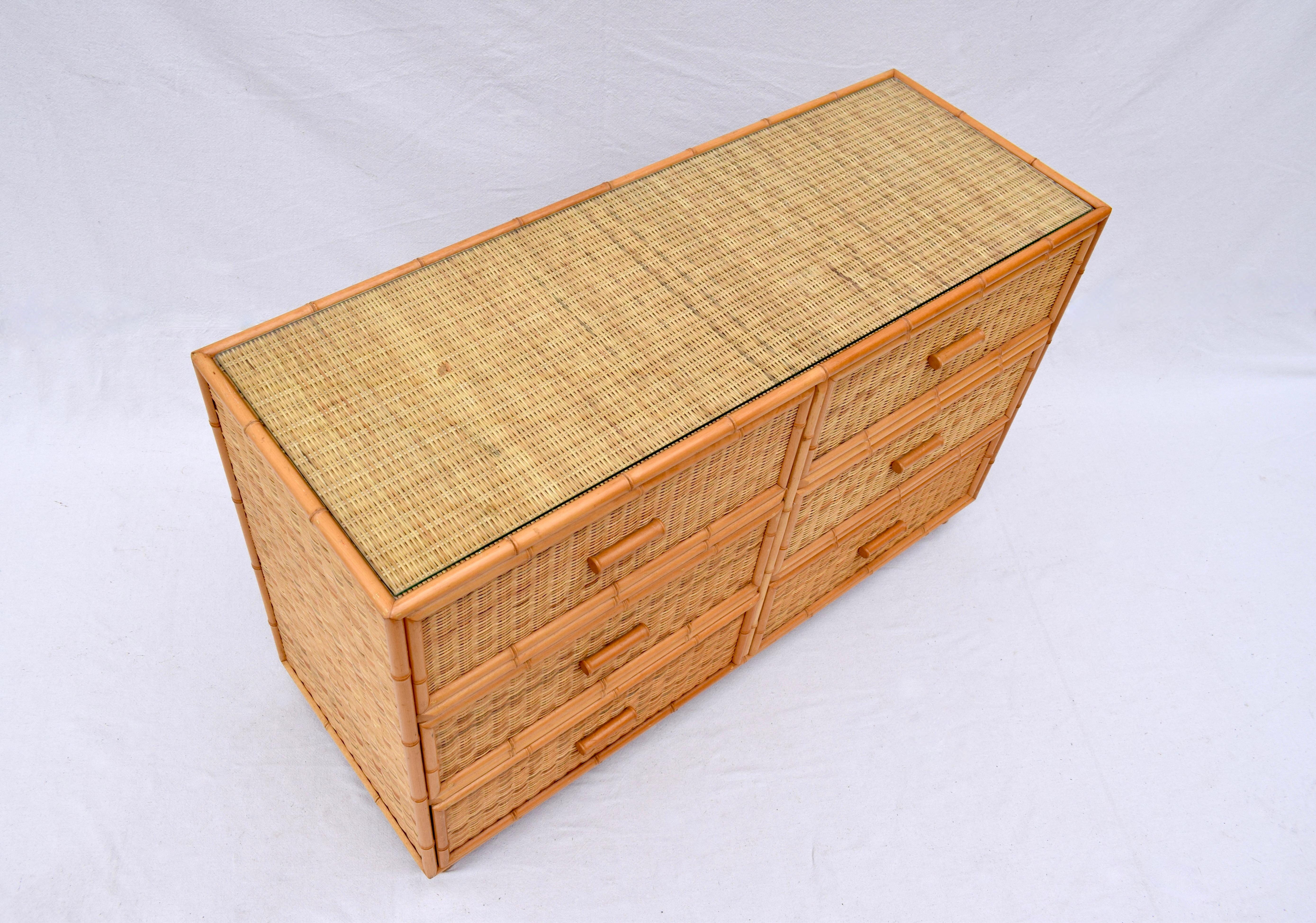 Bamboo 20th Century Vintage Coastal Woven Rattan Dresser For Sale