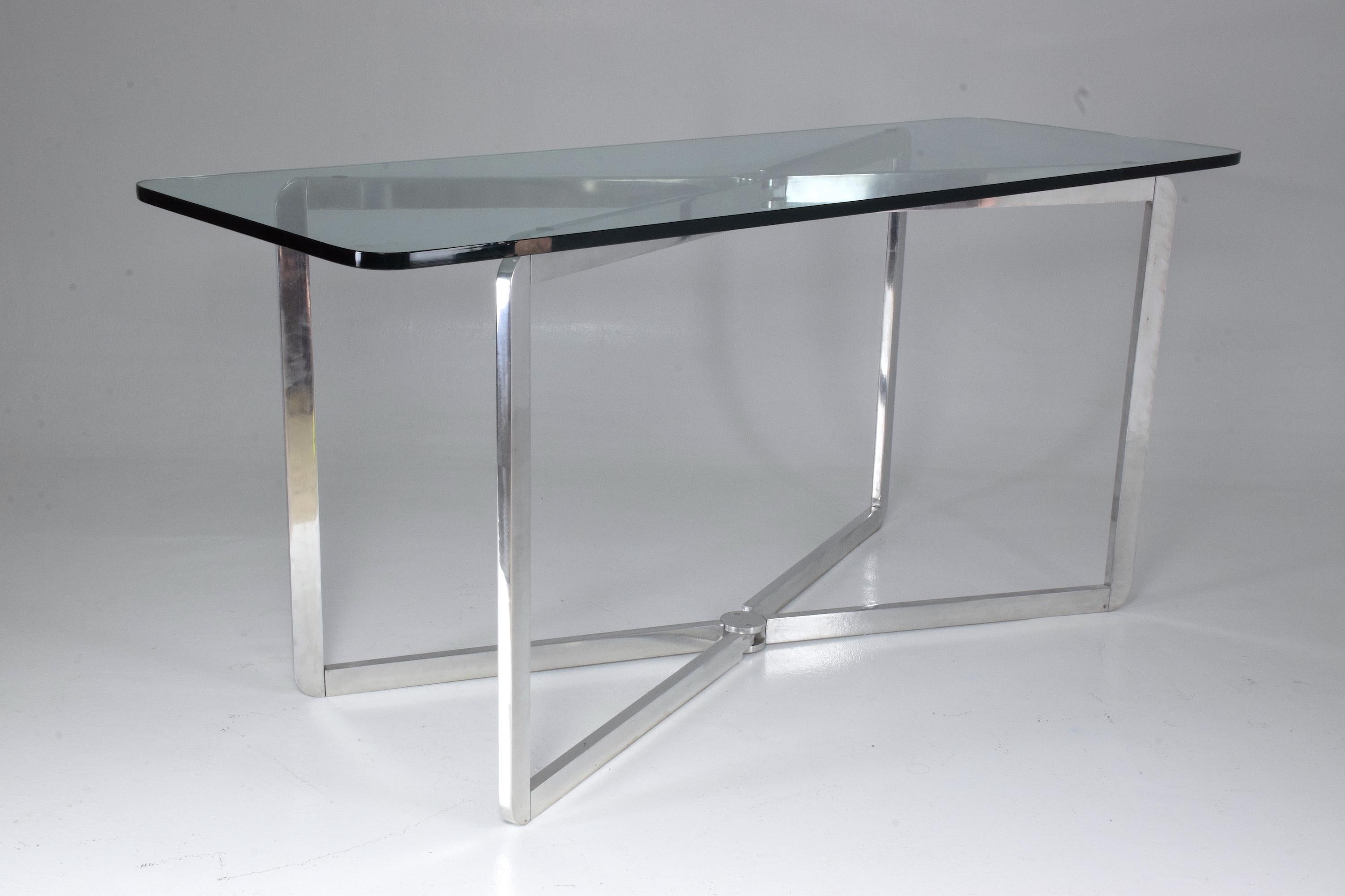 A 20th century vintage foldable console table designed by iconic French designer and architect Michel Boyer for Rouve, circa 1970s. Composed of an adjustable aluminium folding structure and has been restored with a new thick clear glass top