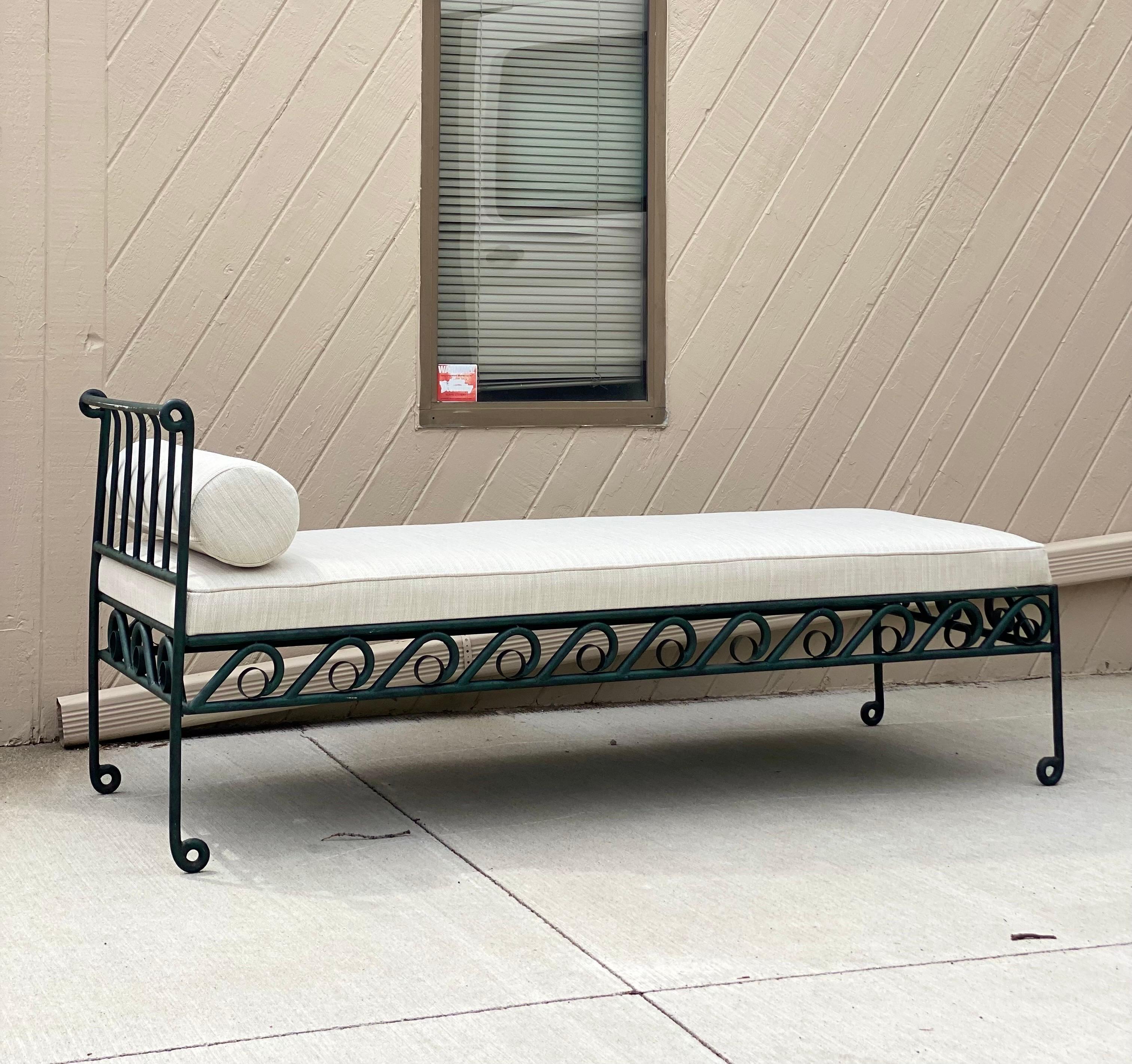 French Provincial 20th Century Vintage French Green Iron Garden Outdoor Reupholstered Daybed