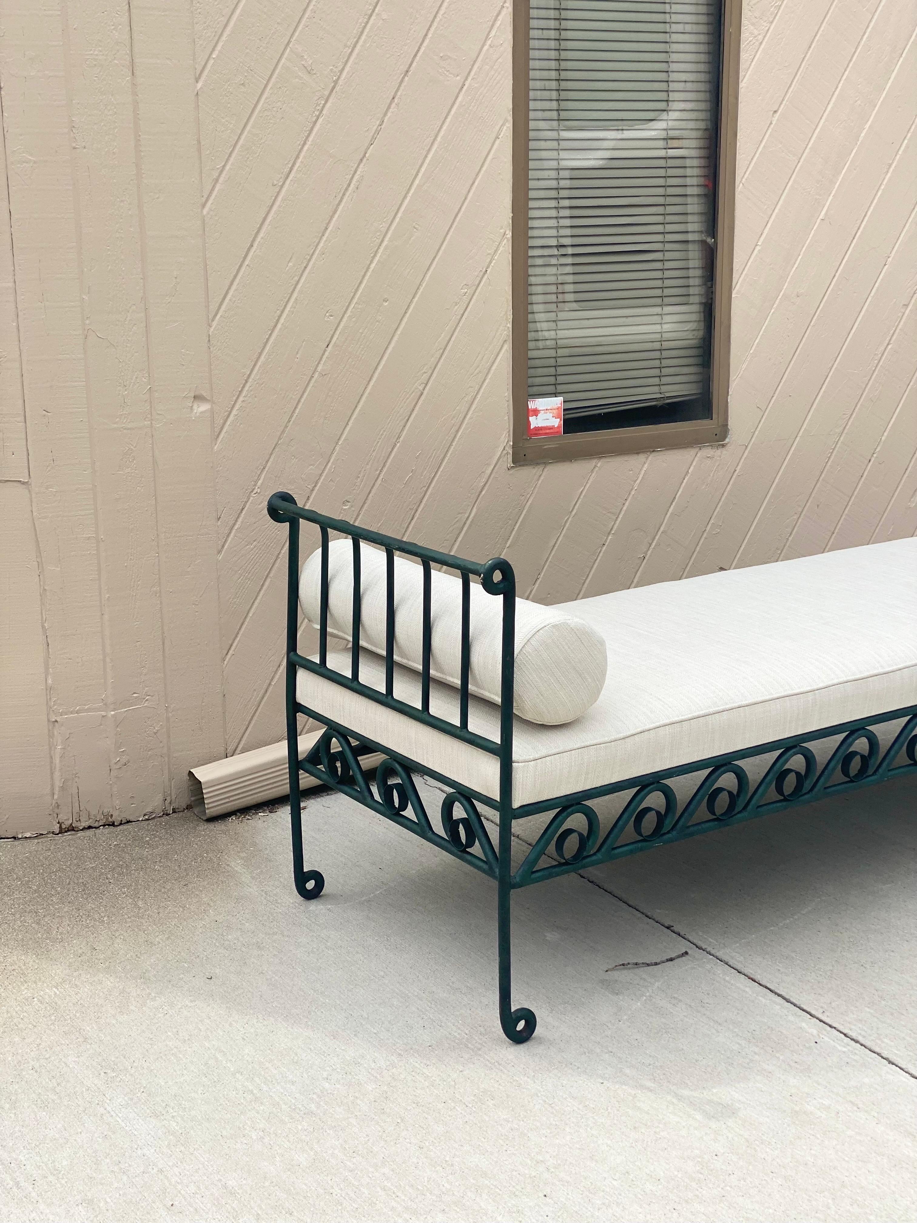 Fabric 20th Century Vintage French Green Iron Garden Outdoor Reupholstered Daybed