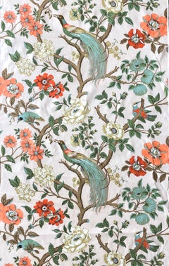 20th Century Vintage French Silk and Cotton Fabric with Flowers and Birds