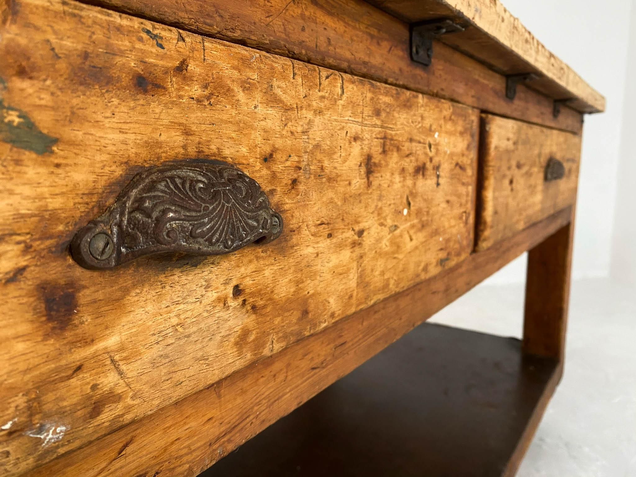 Pine 20th Century Vintage Industrial Workbench Baker's Table Kitchen Island Worktable For Sale