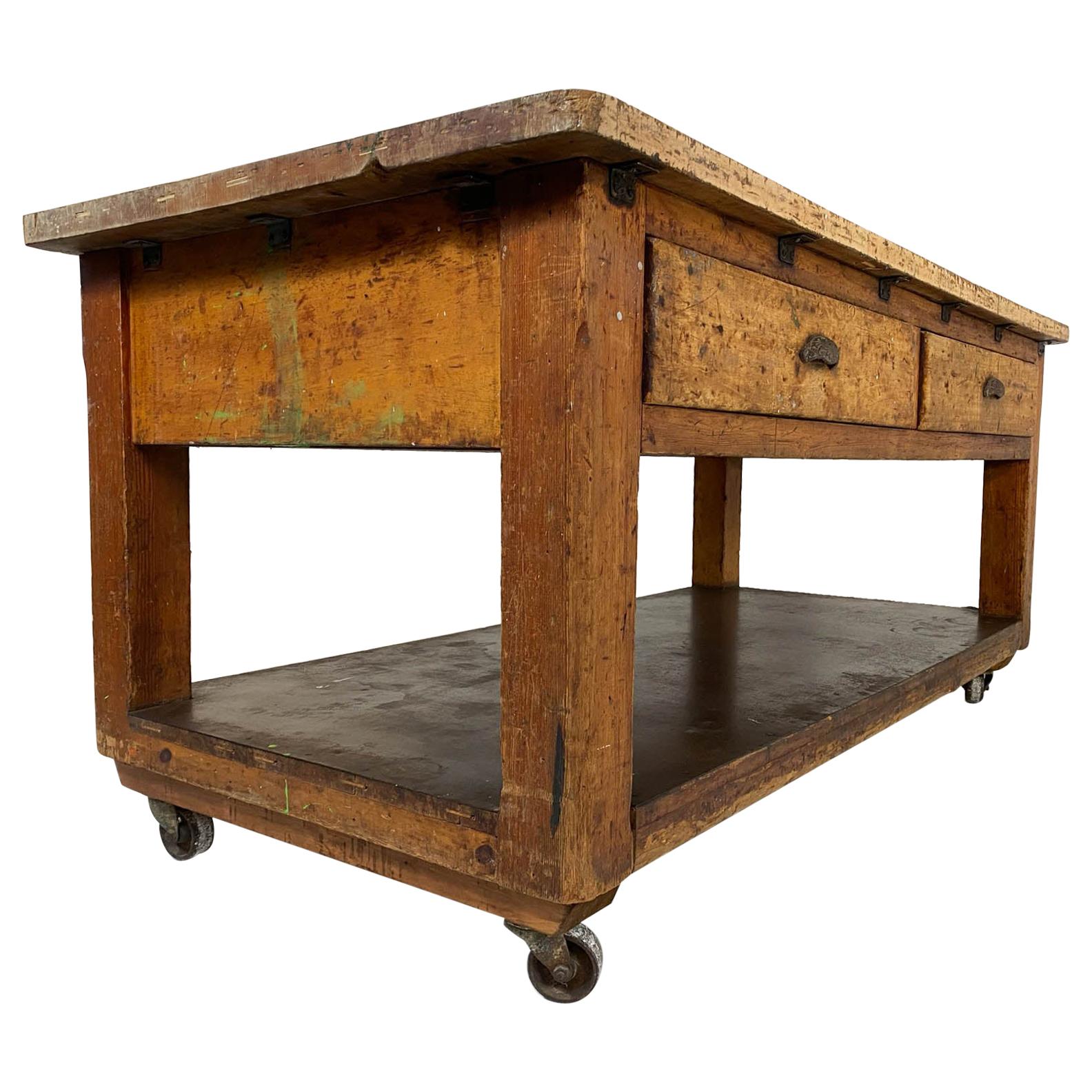 20th Century Vintage Industrial Workbench Baker's Table Kitchen Island Worktable For Sale