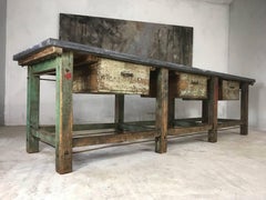 20th Century Vintage Industrial Workbench Kitchen Island Loft Warehouse Zinc Top