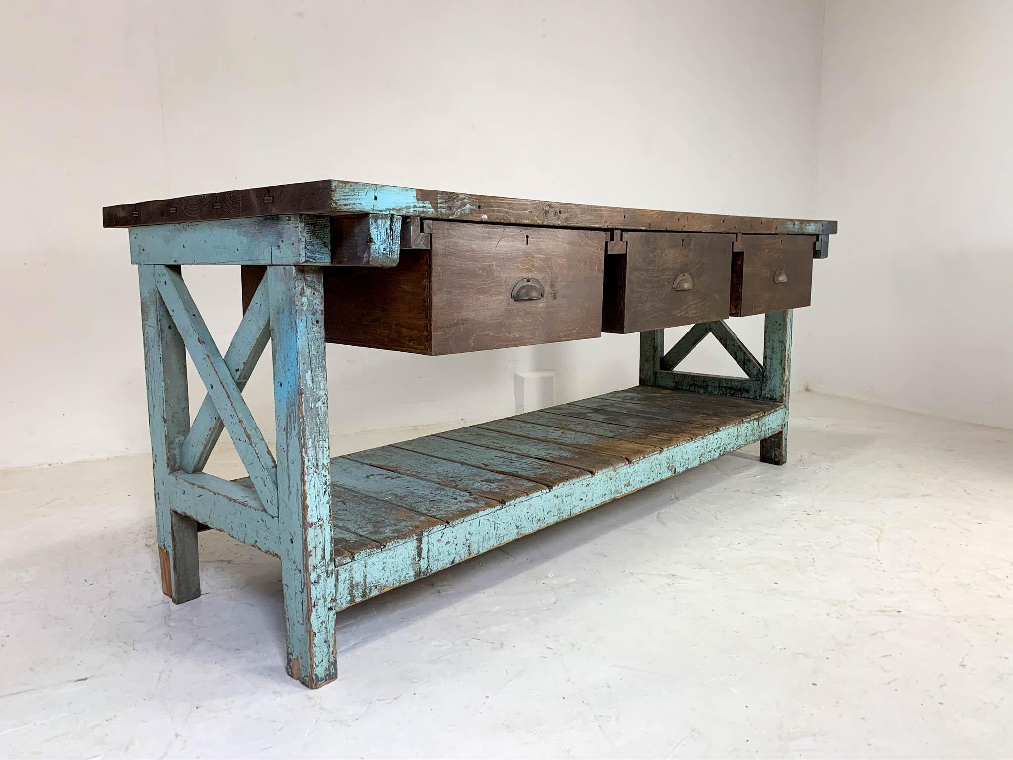 English 20th Century Vintage Industrial Workbench Work Table Kitchen Island Sideboard