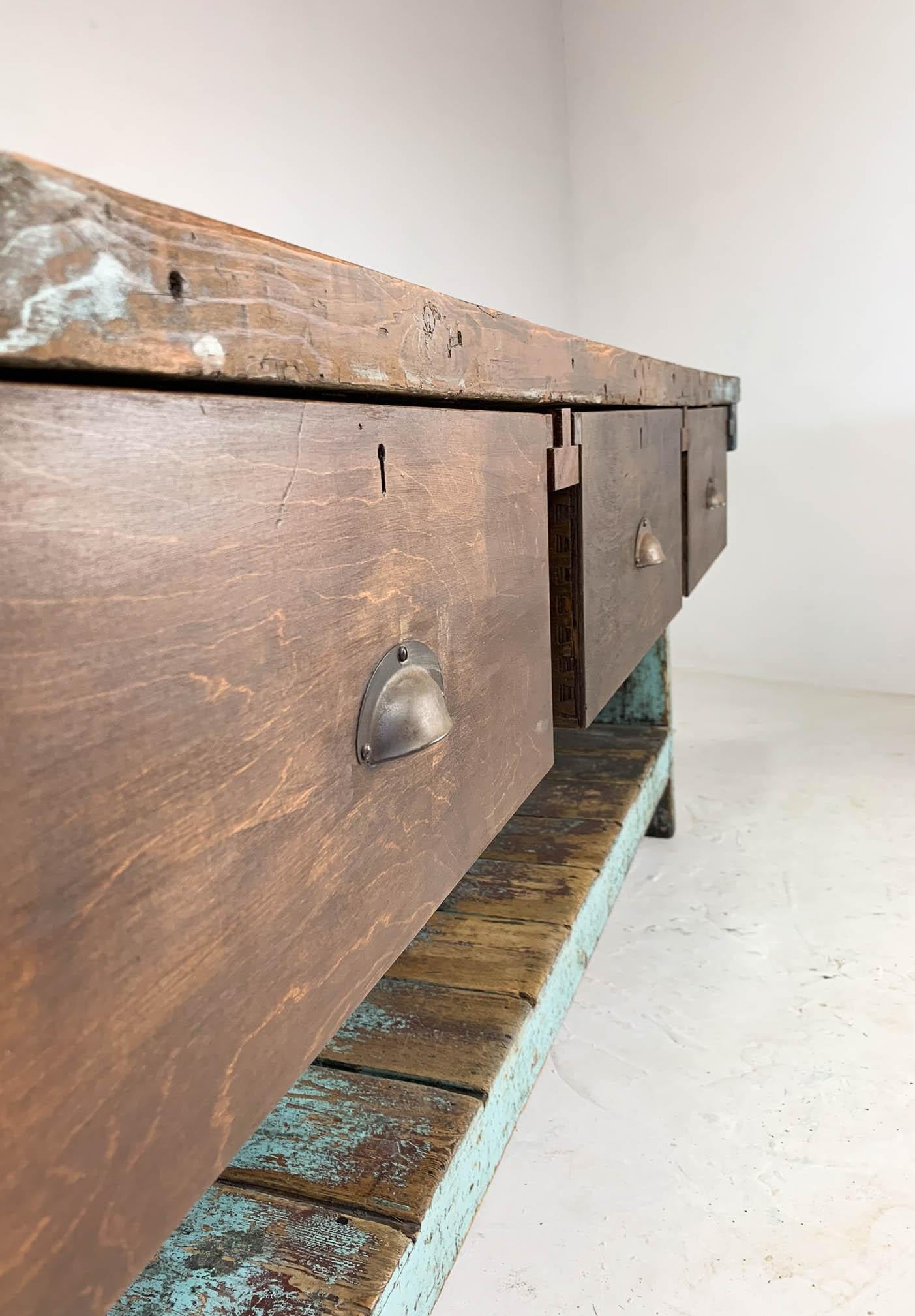 Pine 20th Century Vintage Industrial Workbench Work Table Kitchen Island Sideboard
