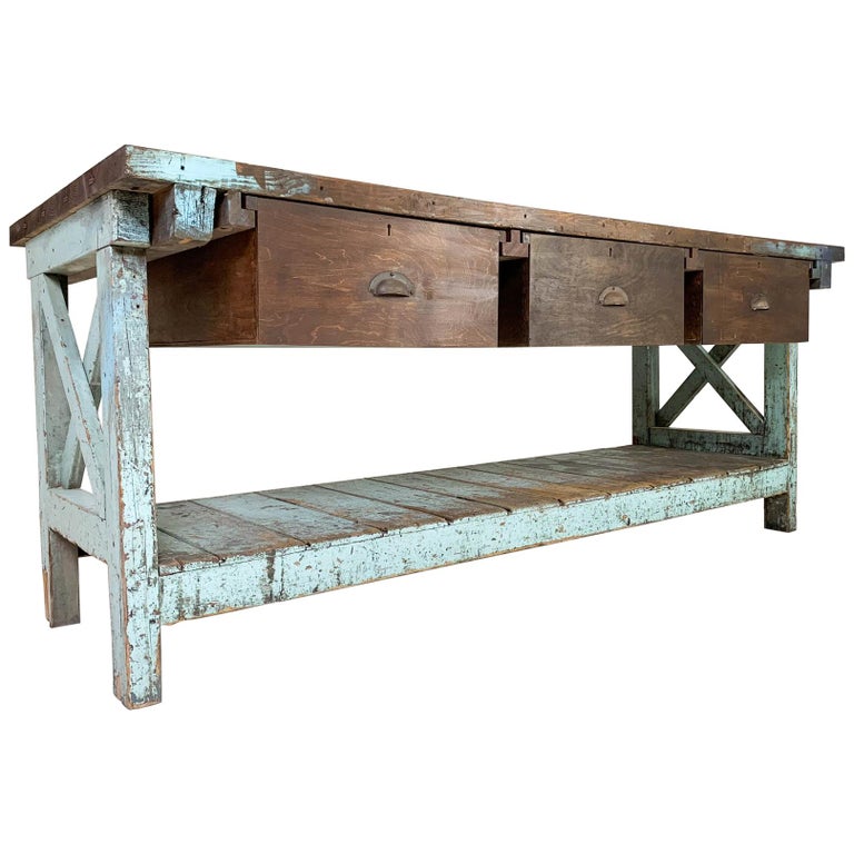20th Century Vintage Industrial Workbench Work Table Kitchen Island  Sideboard