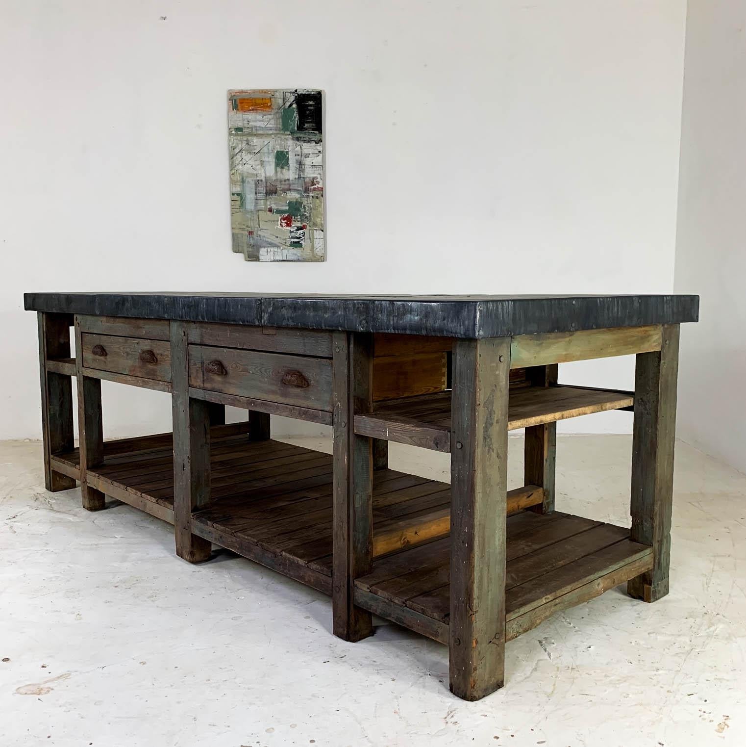 20th Century Vintage Industrial Zinc Top Carpenter's Workbench Kitchen Island 5