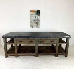 20th Century Vintage Industrial Zinc Top Carpenter's Workbench Kitchen Island