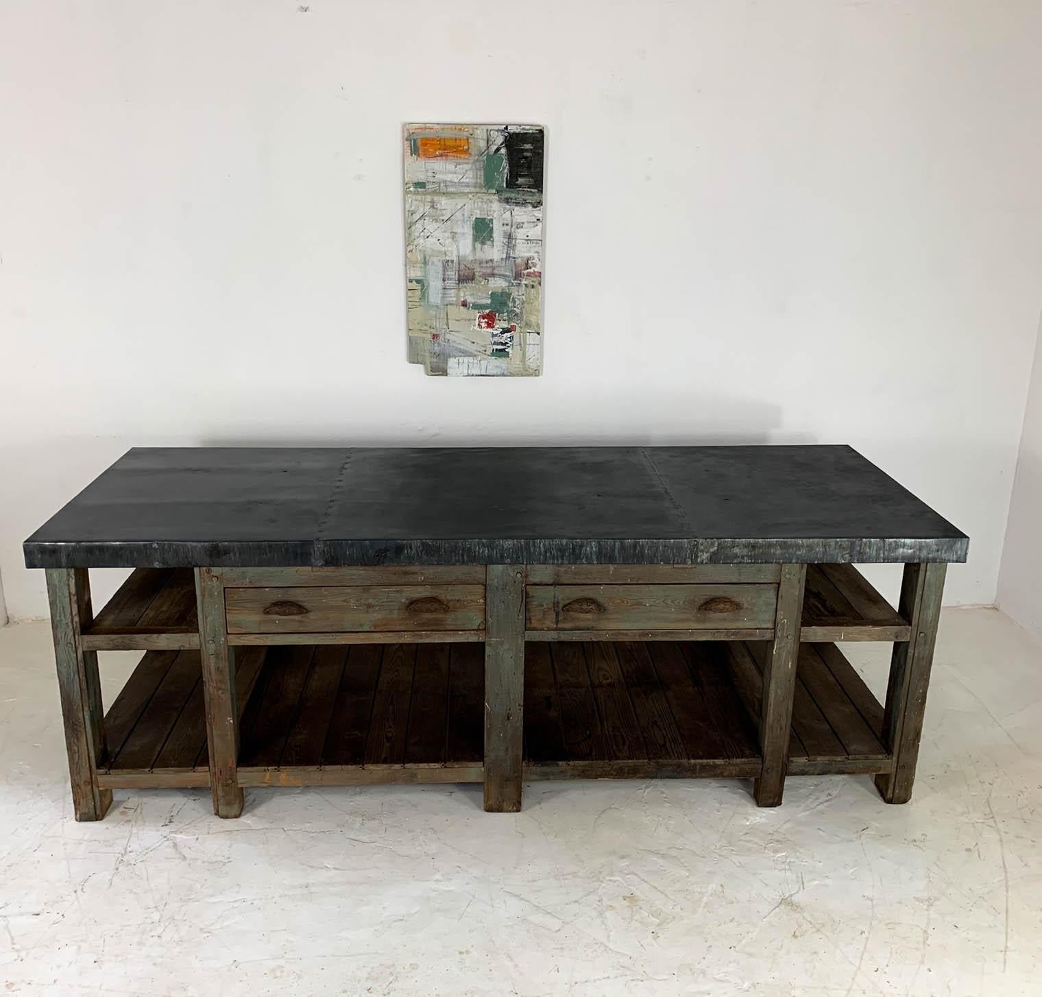 20th Century Vintage Industrial Zinc Top Carpenter's Workbench Kitchen Island In Good Condition In Culverthorpe, Lincs