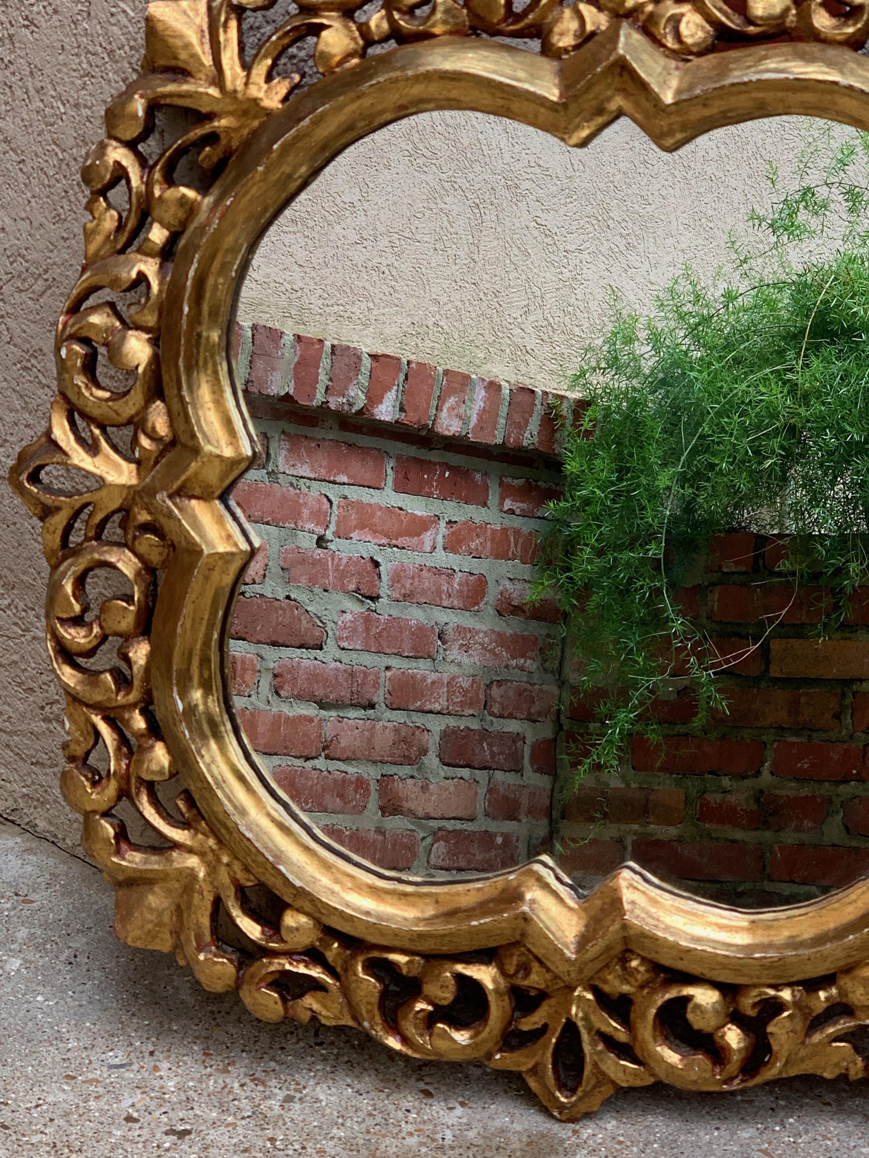 20th Century Vintage Italian Carved Wood Gold Gilt Frame Wall Mirror Gesso 1