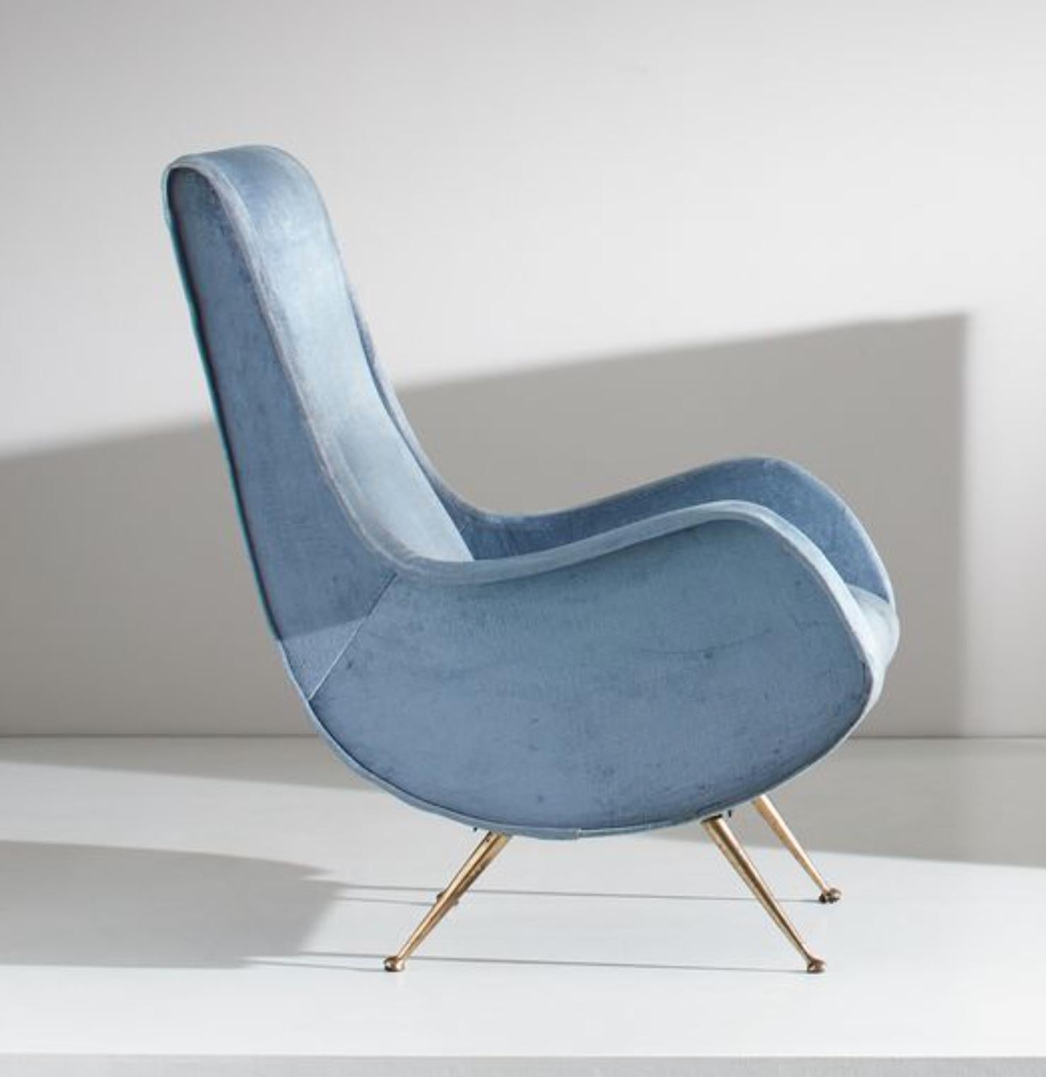 Brass 20th Century Vintage Italian Pair of Blue Upholstered Armchairs by Aldo Morbelli For Sale