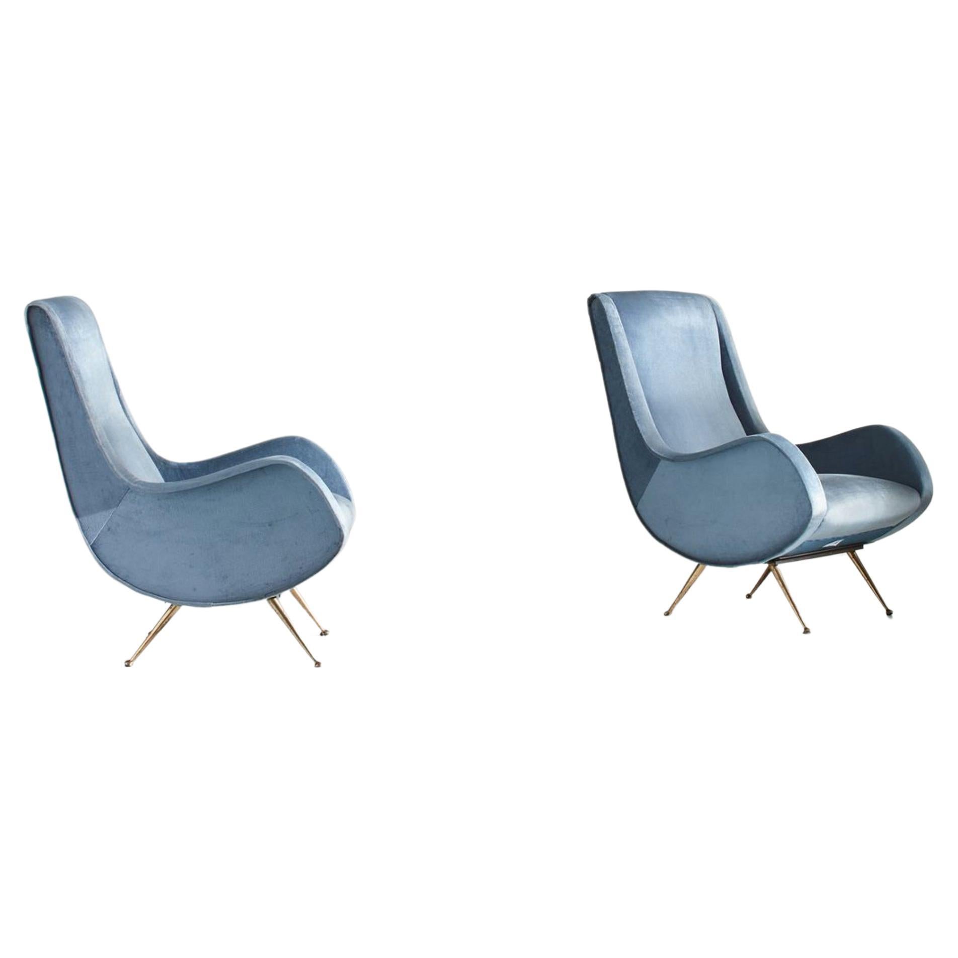 20th Century Vintage Italian Pair of Blue Upholstered Armchairs by Aldo Morbelli For Sale