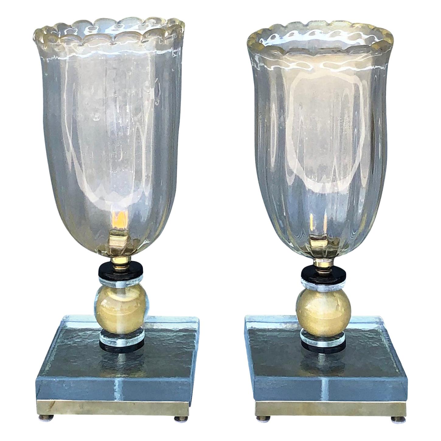 Paire de lampes de bureau vintage italiennes authentiques en verre de Murano du XXe siècle
