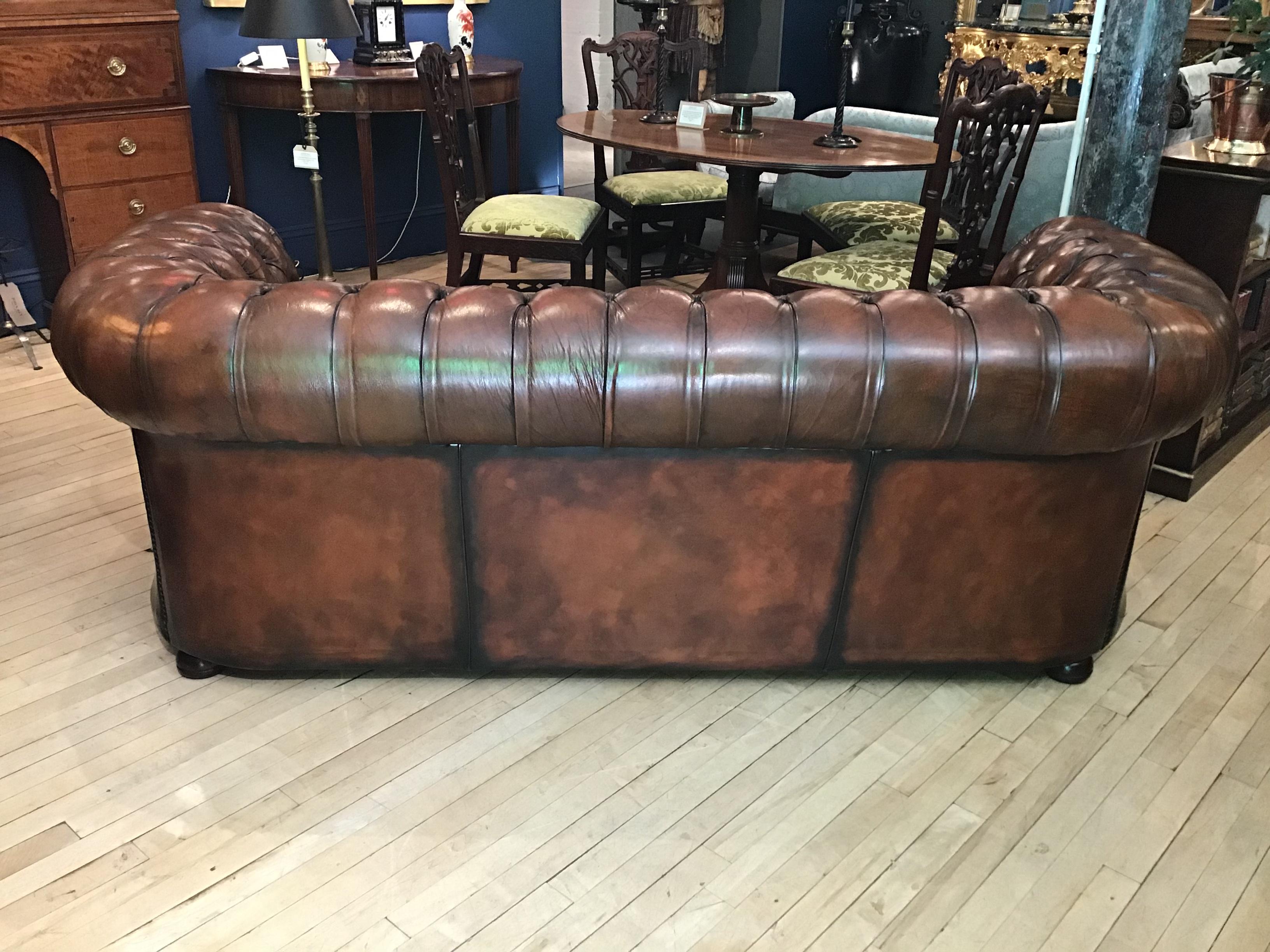 20th Century Vintage Leather Chesterfield Three Seater Sofa, in Rich Nutty Brown 6