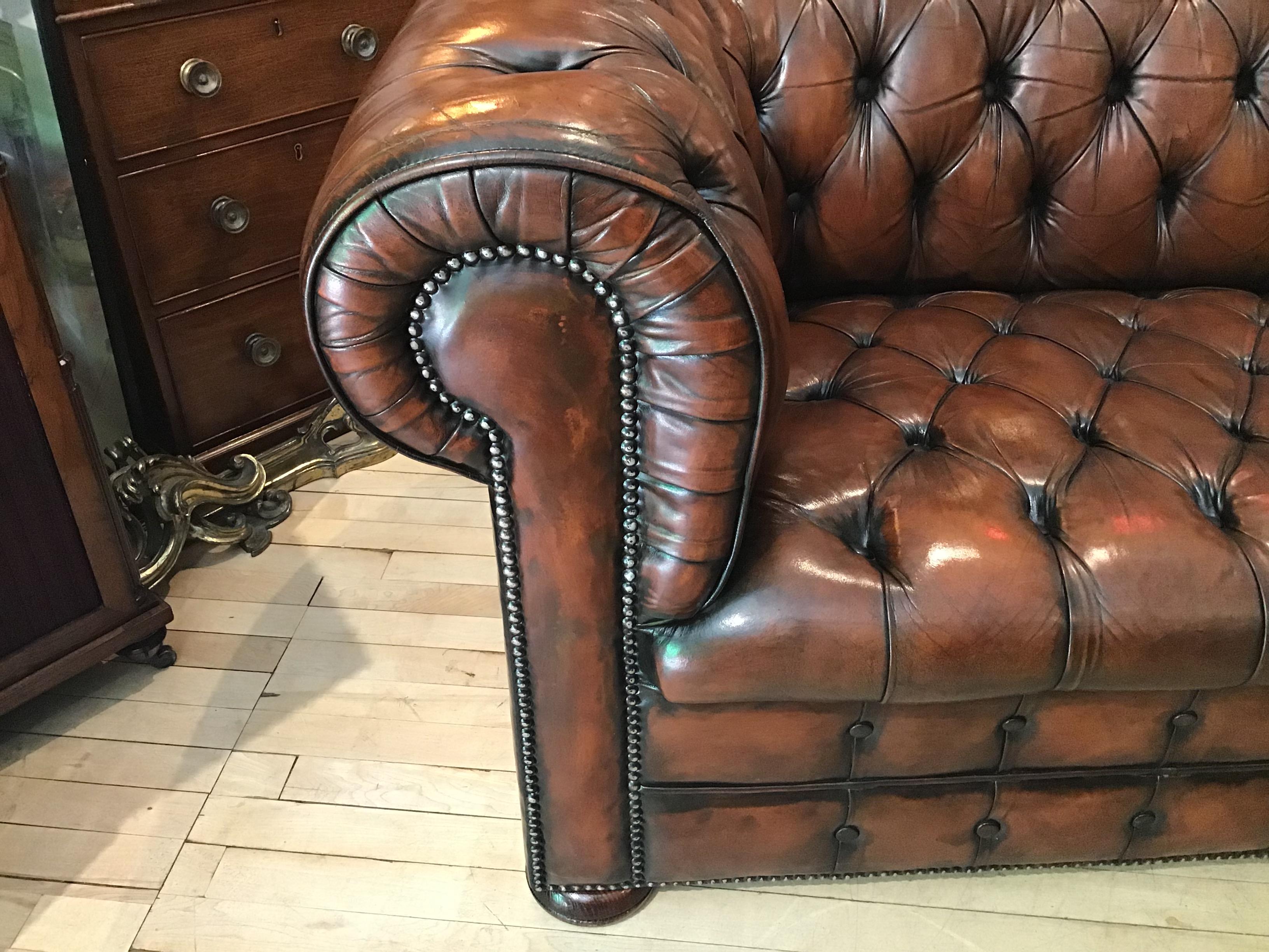 20th Century Vintage Leather Chesterfield Three Seater Sofa, in Rich Nutty Brown 8