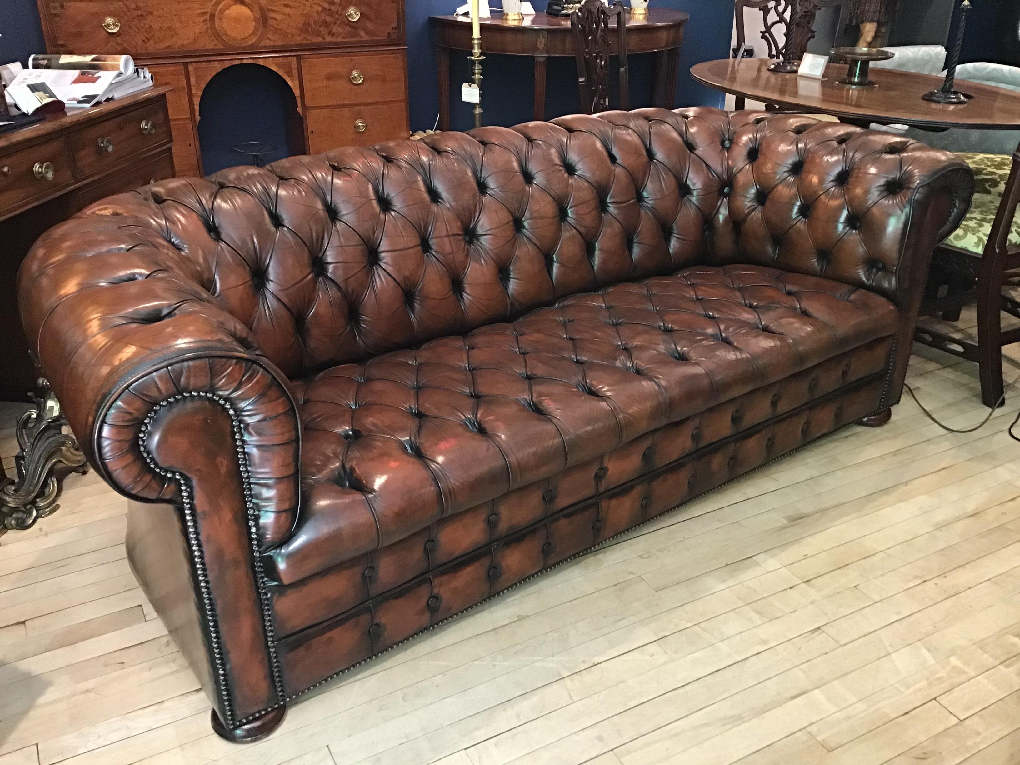 20th Century Vintage Leather Chesterfield Three Seater Sofa, in Rich Nutty Brown 9
