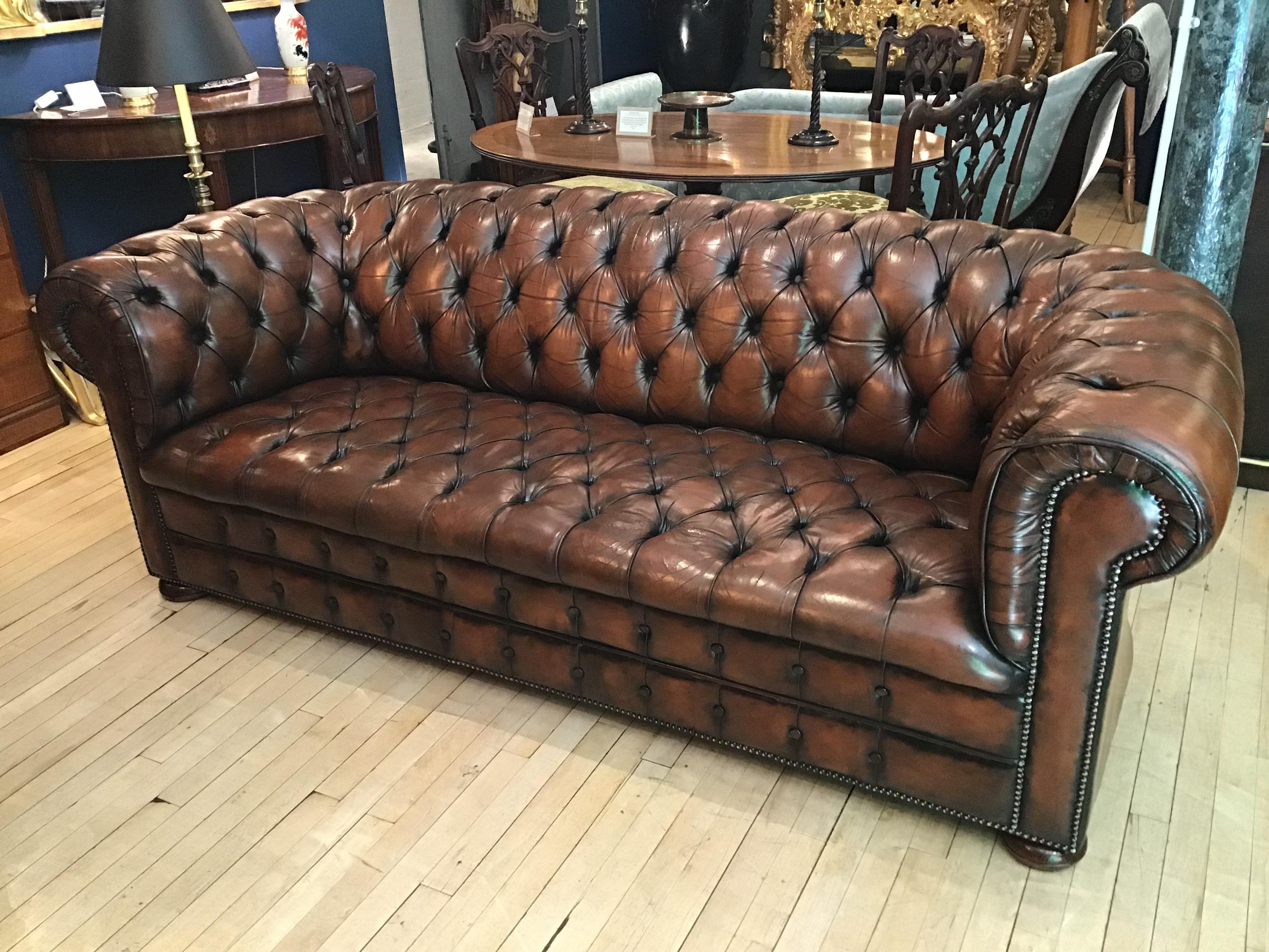 Mid-Century Modern 20th Century Vintage Leather Chesterfield Three Seater Sofa, in Rich Nutty Brown