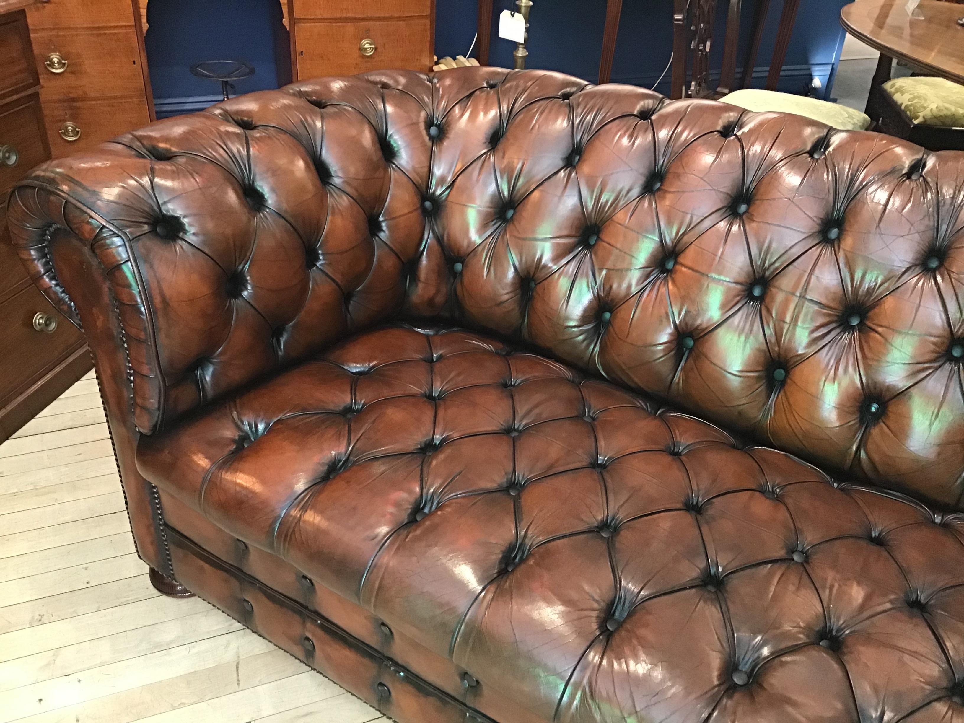 English 20th Century Vintage Leather Chesterfield Three Seater Sofa, in Rich Nutty Brown